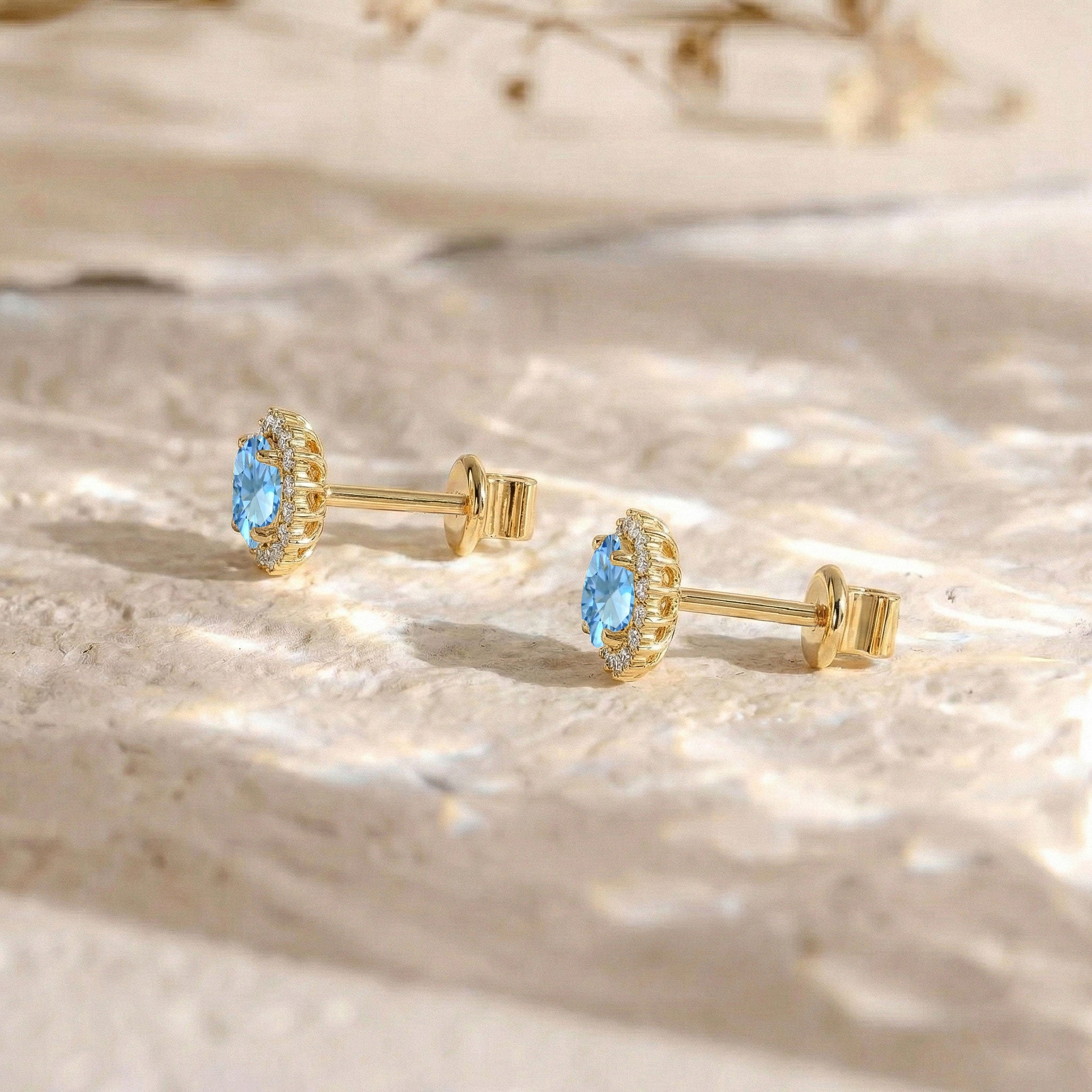 Aquamarine Round Halo Stud Earrings in Yellow Gold Plated 5 MM 1.3ct