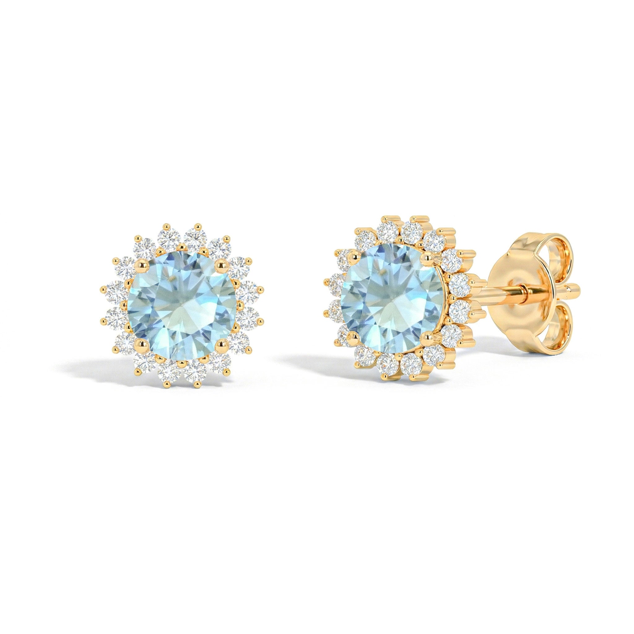 Aquamarine Round Halo Stud Earrings in Yellow Gold Plated 5 MM 1.3ct