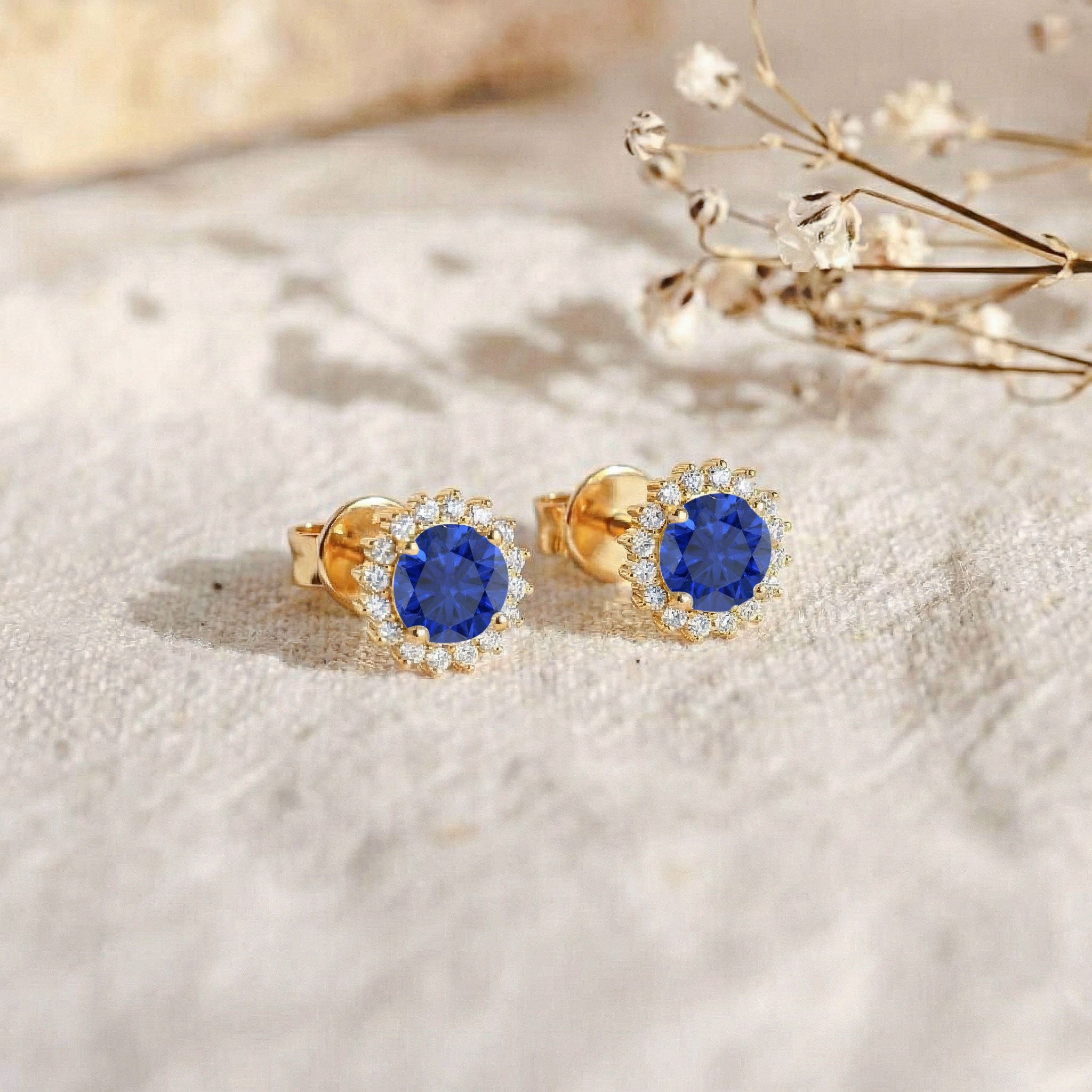 Blue Sapphire Round Halo Stud Earrings in Yellow Gold Plated 5 MM 1.3ct