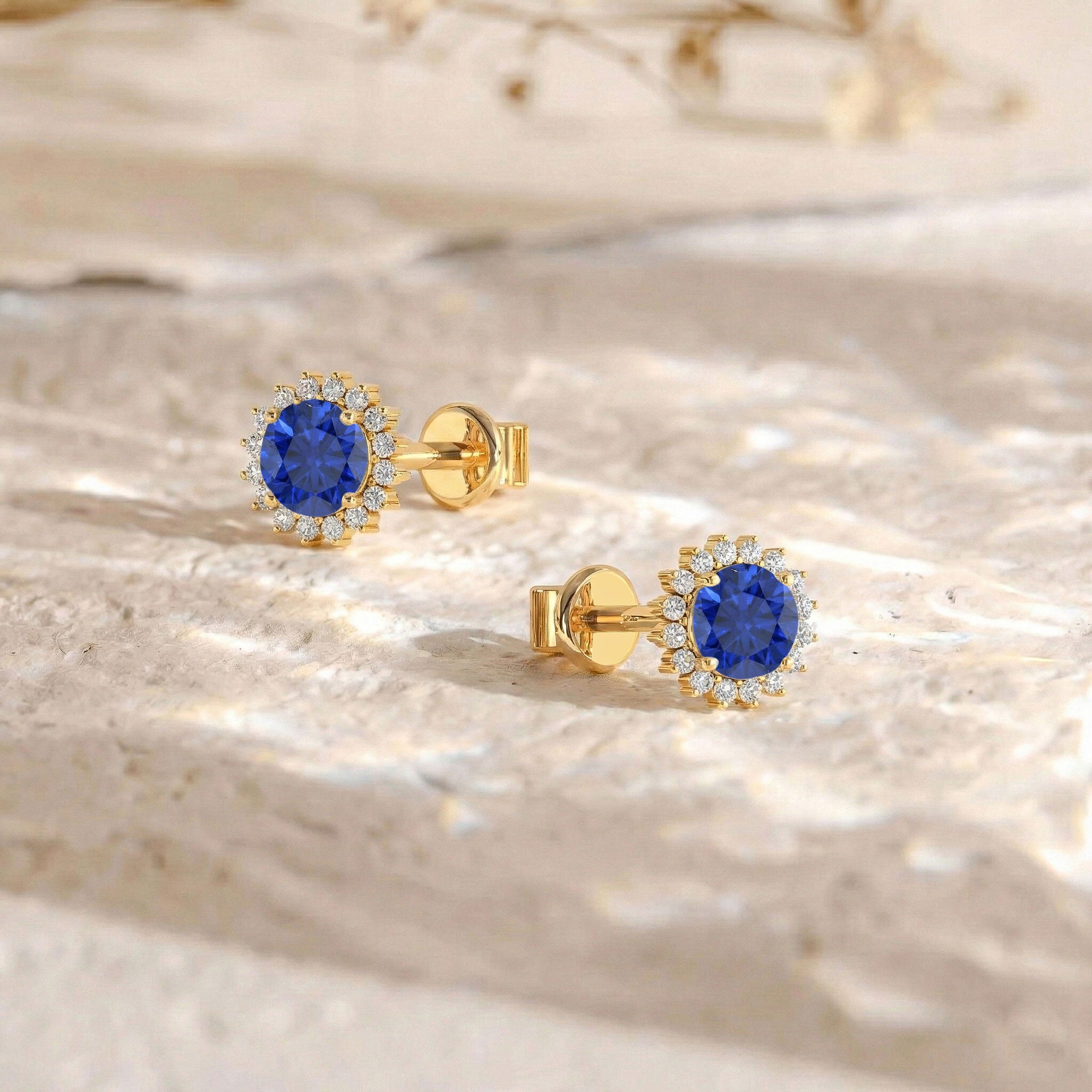 Blue Sapphire Round Halo Stud Earrings in Yellow Gold Plated 5 MM 1.3ct