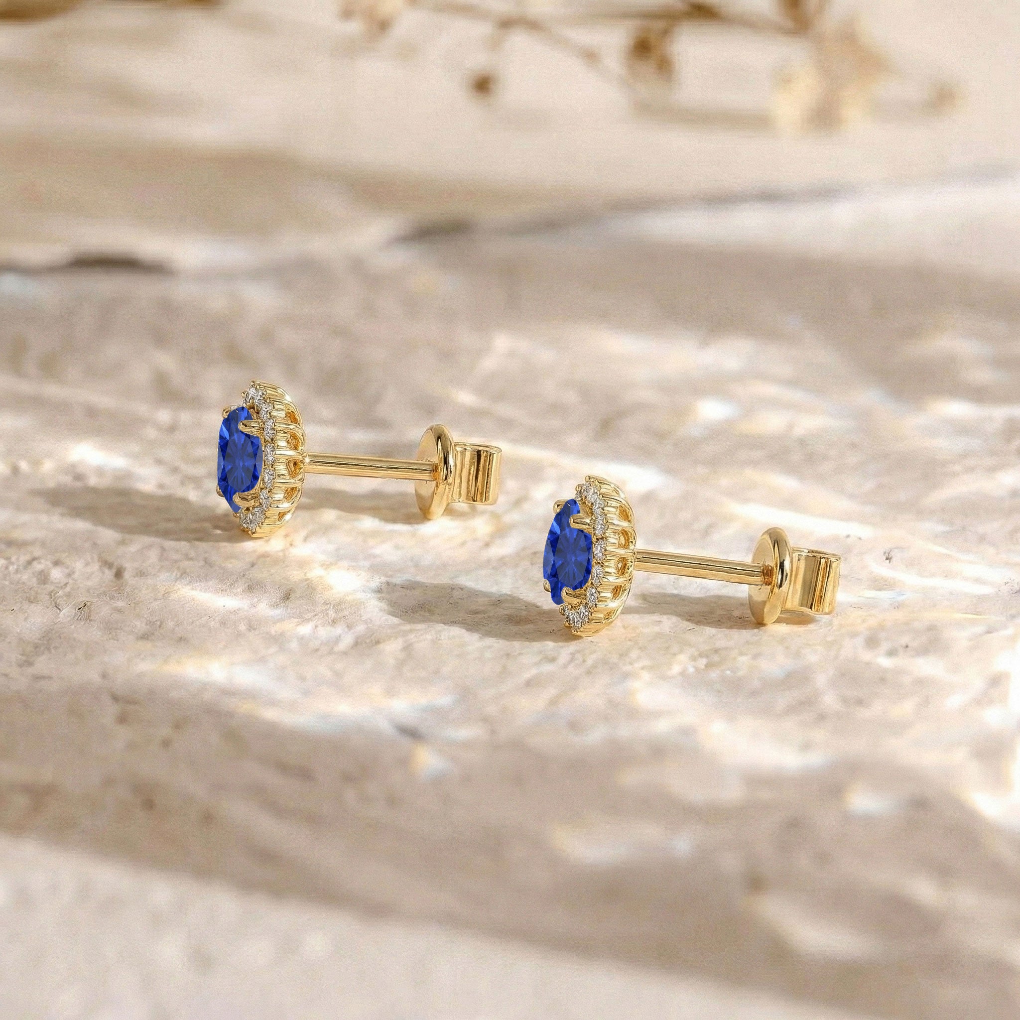 Blue Sapphire Round Halo Stud Earrings in Yellow Gold Plated 5 MM 1.3ct