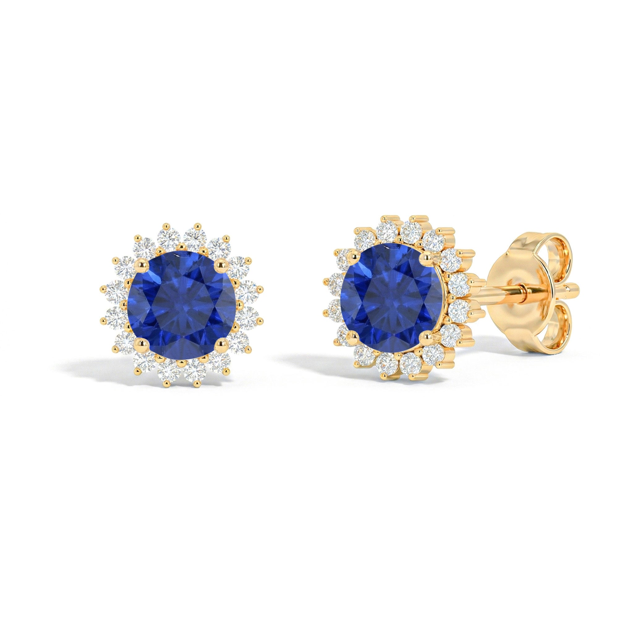 Blue Sapphire Round Halo Stud Earrings in Yellow Gold Plated 5 MM 1.3ct