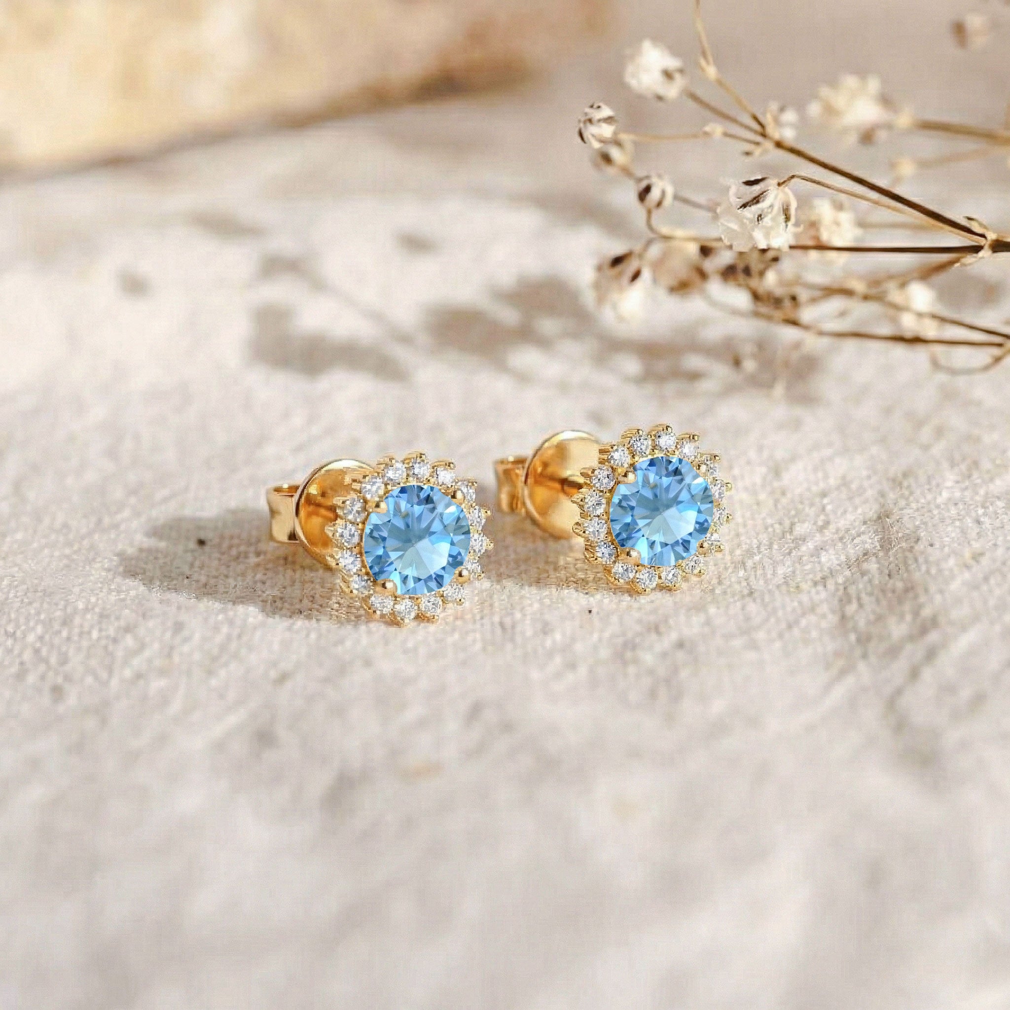 Blue Topaz Round Halo Stud Earrings in Yellow Gold Plated 5 MM 1.3ct