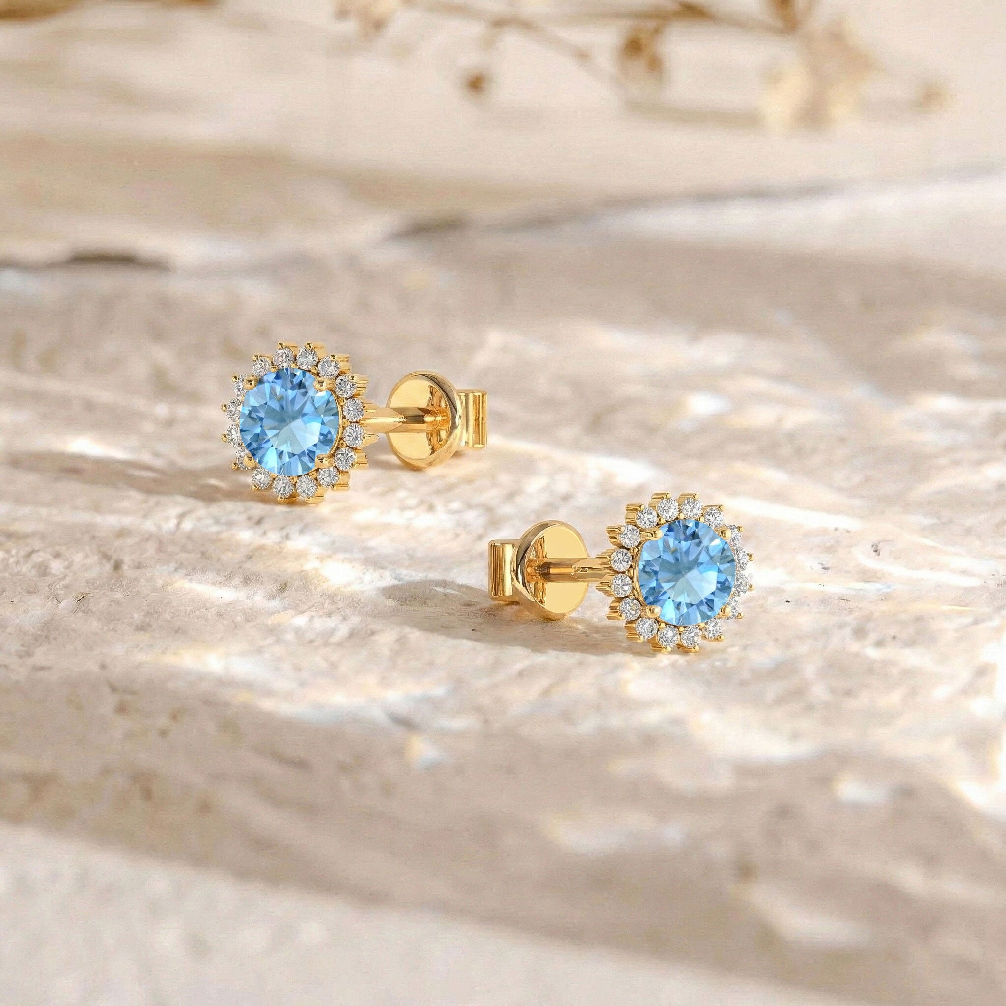 Blue Topaz Round Halo Stud Earrings in Yellow Gold Plated 5 MM 1.3ct