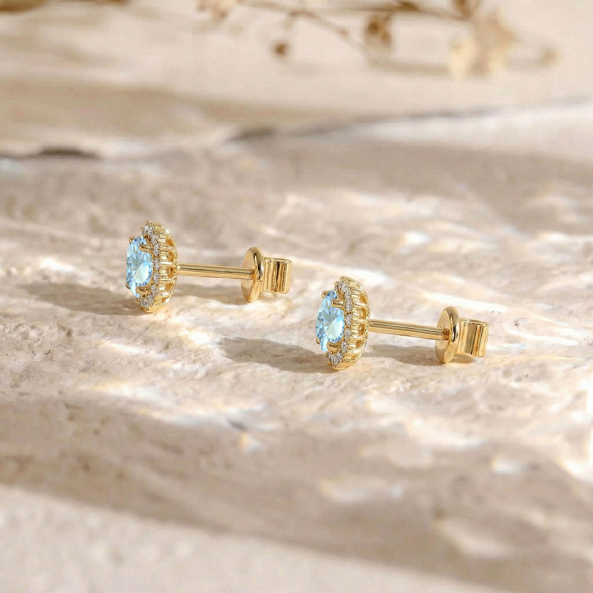 Blue Topaz Round Halo Stud Earrings in Yellow Gold Plated 5 MM 1.3ct