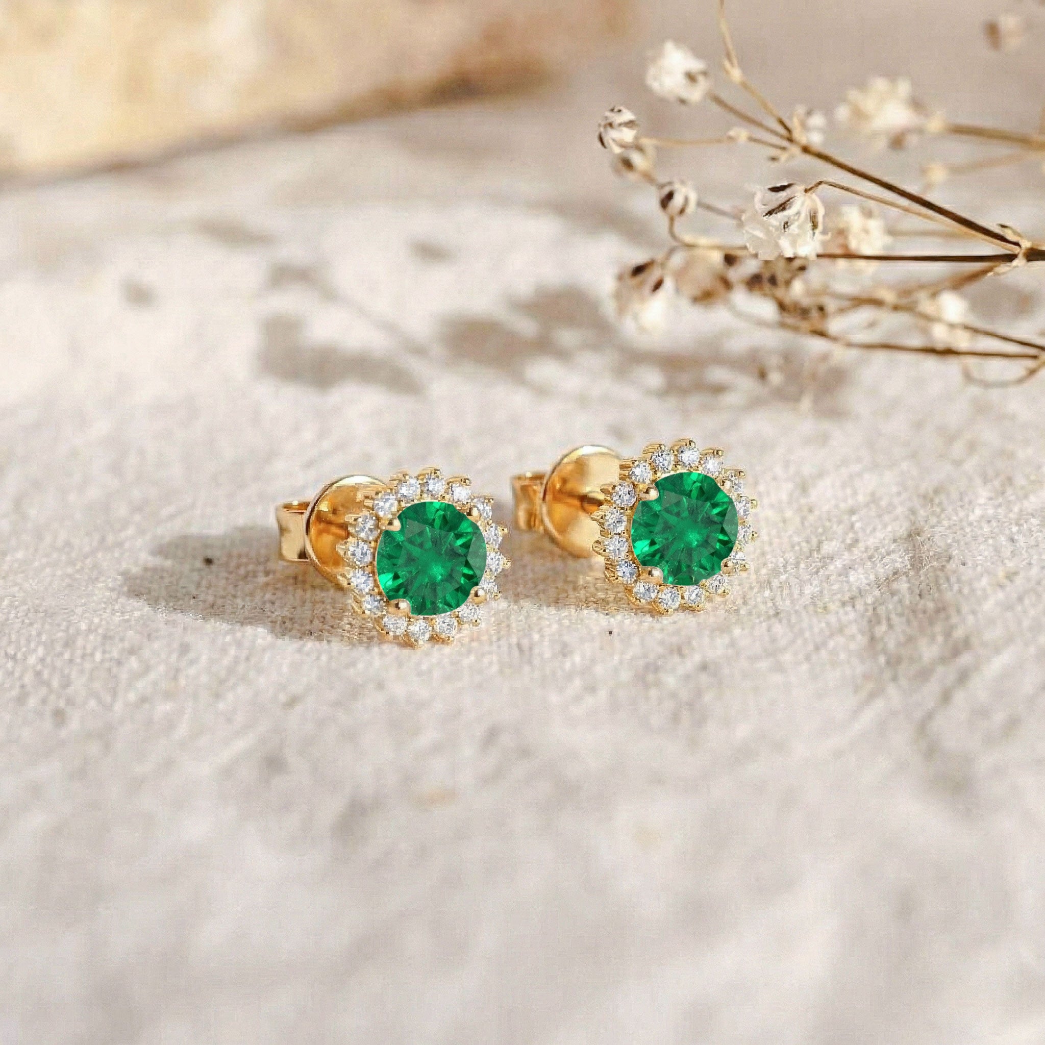 Emerald Round Halo Stud Earrings in 925 Sterling Silver 5 MM 1.3ct