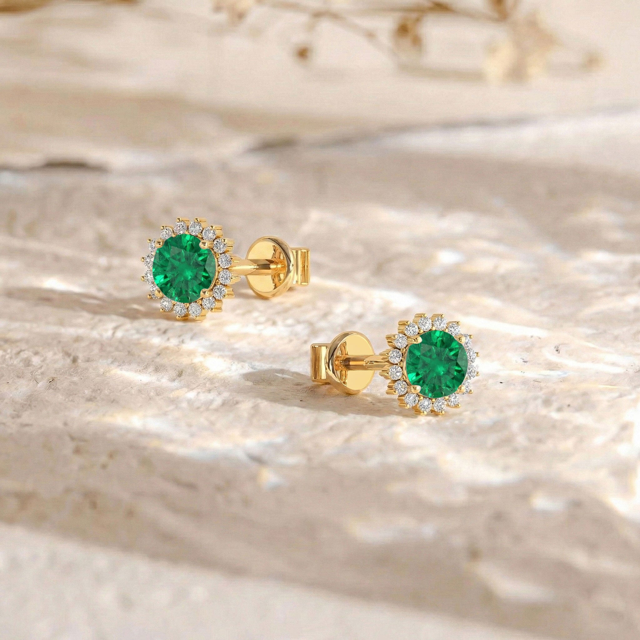 Emerald Round Halo Stud Earrings in Yellow Gold Plated 5 MM 1.3ct