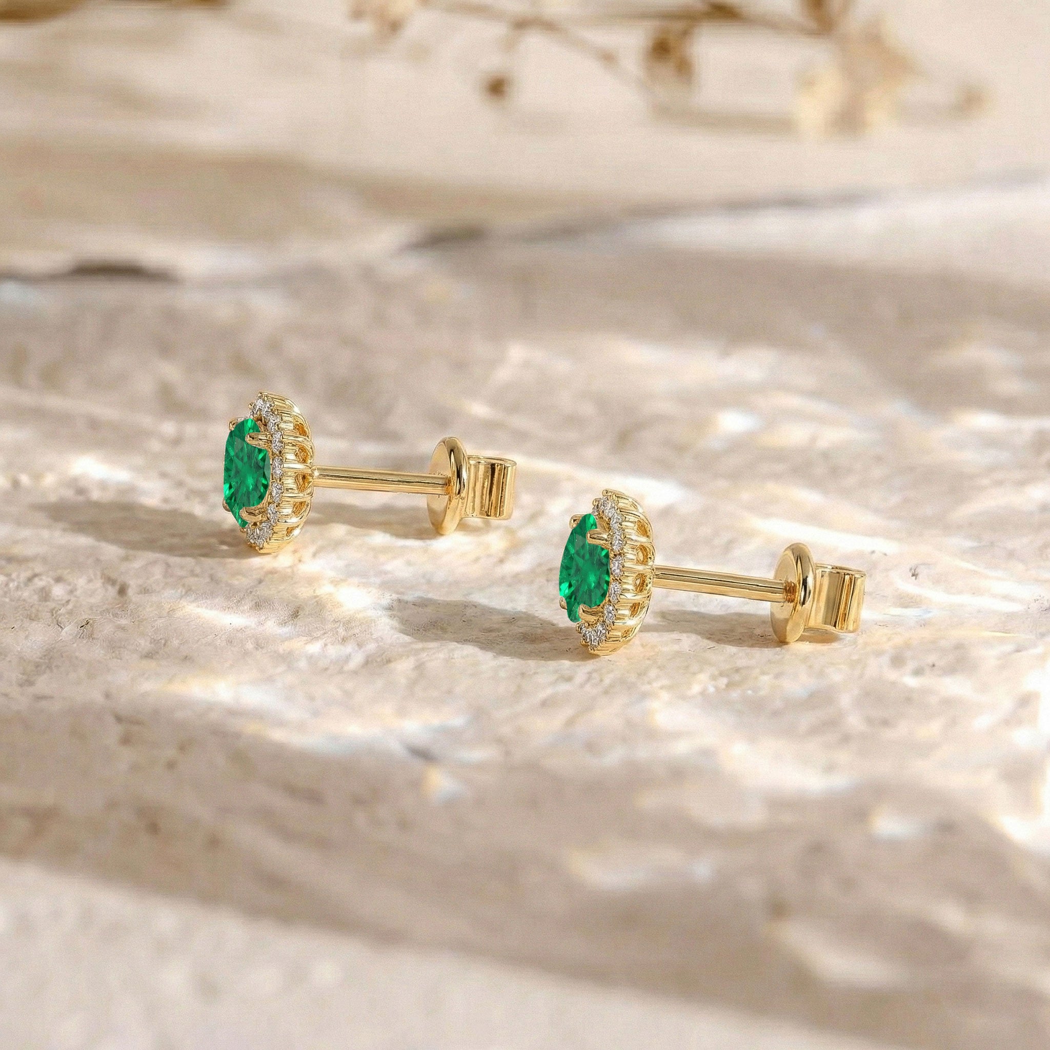 Emerald Round Halo Stud Earrings in 925 Sterling Silver 5 MM 1.3ct