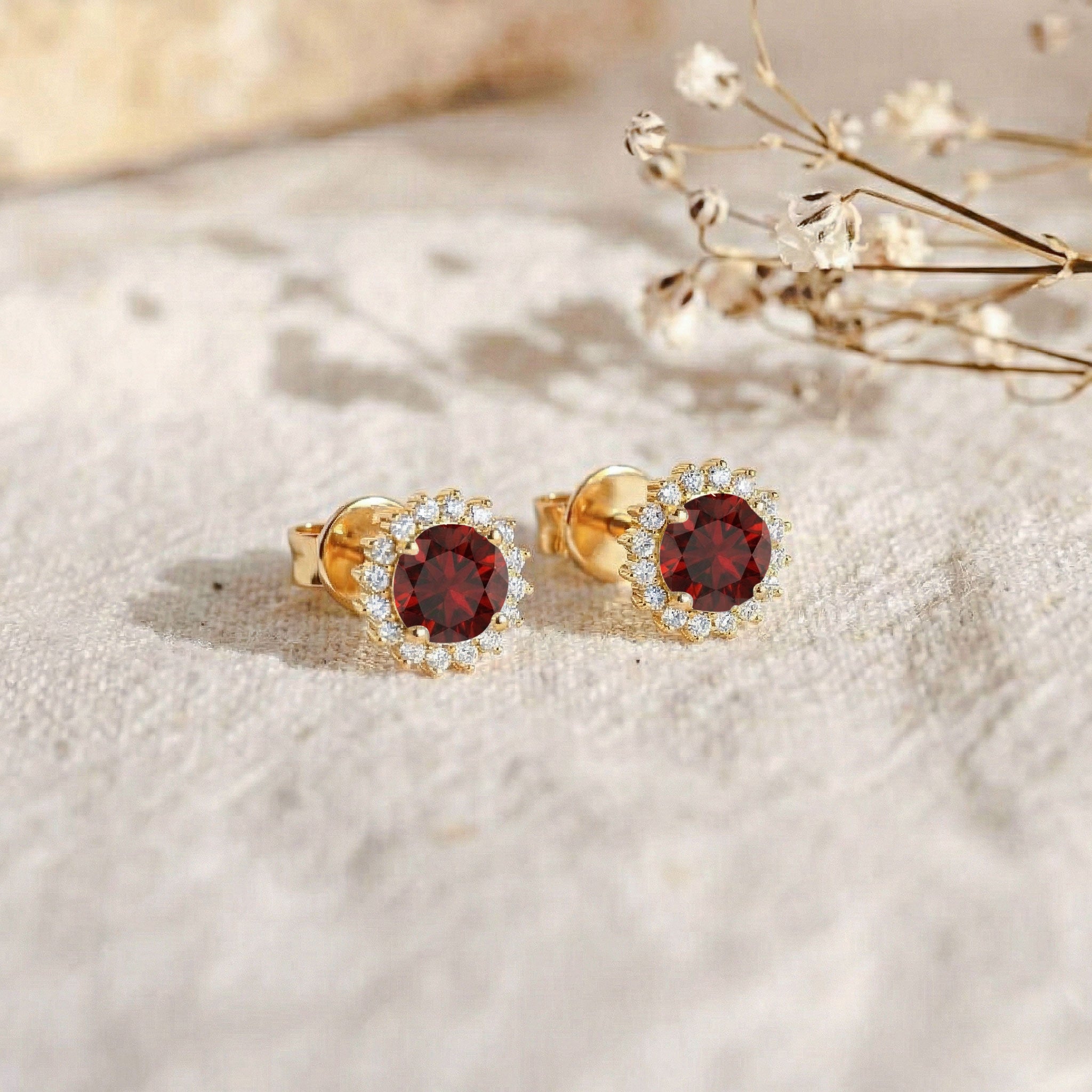 Garnet Round Halo Stud Earrings in Yellow Gold Plated 5 MM 1.3ct
