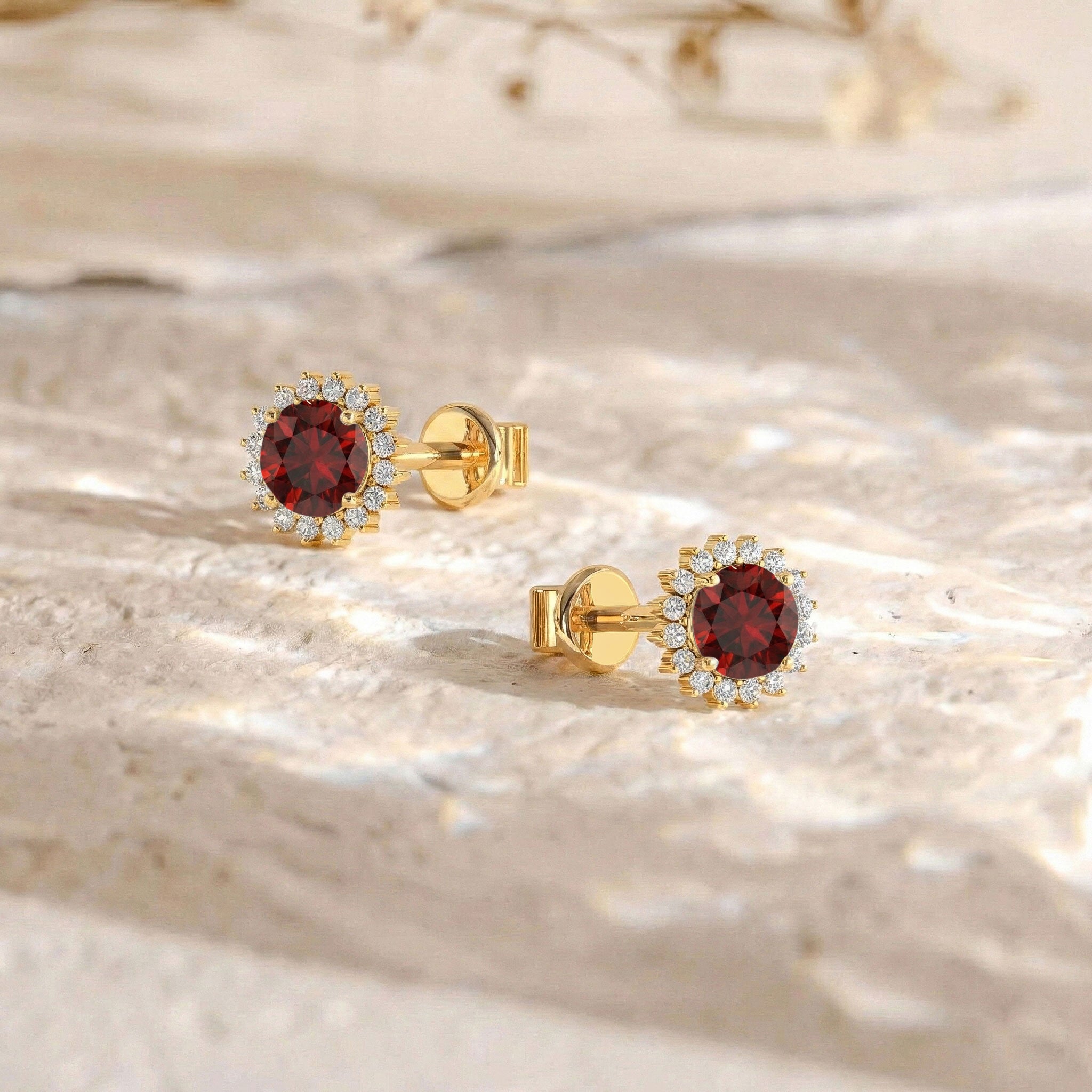 Garnet Round Halo Stud Earrings in Yellow Gold Plated 5 MM 1.3ct