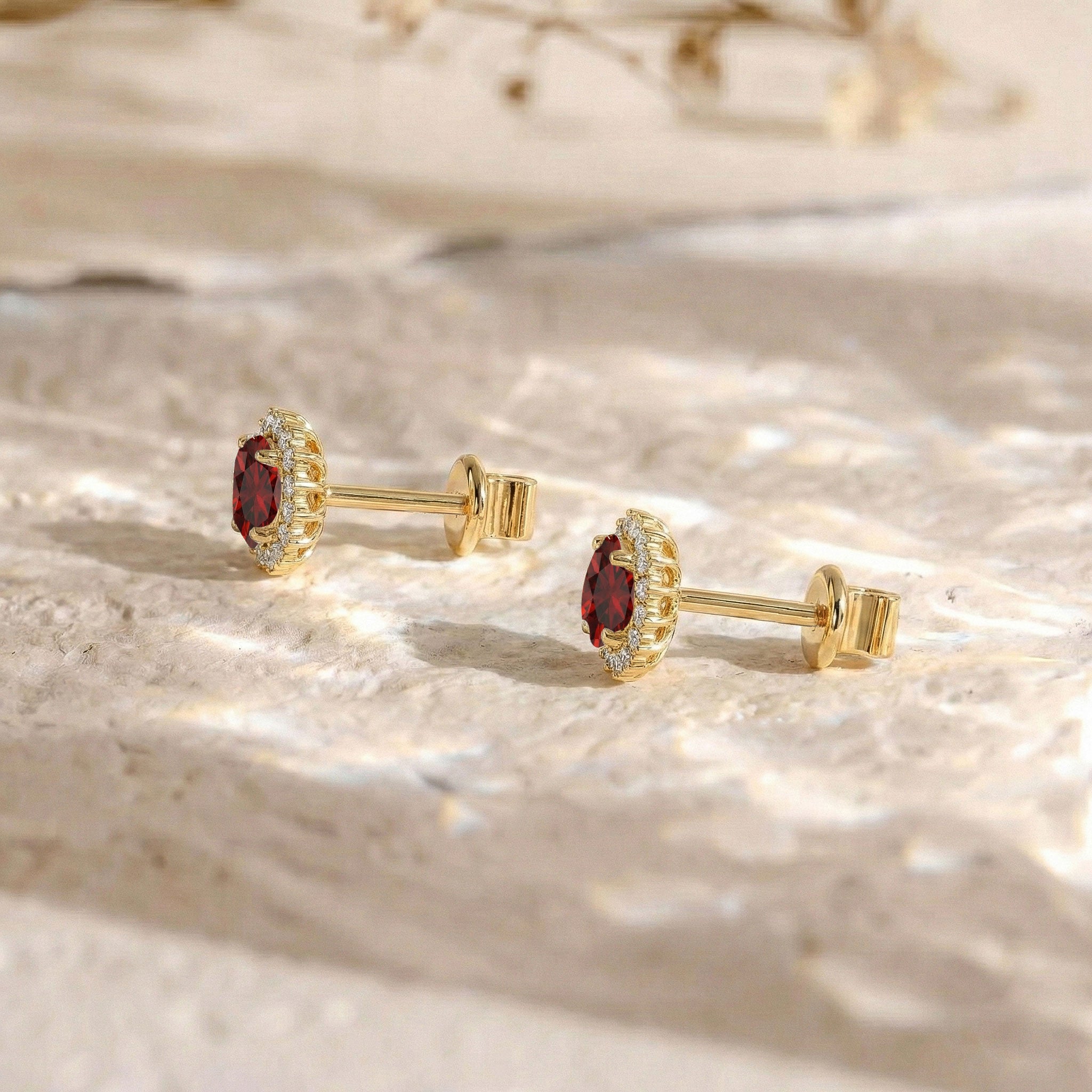 Garnet Round Halo Stud Earrings in Yellow Gold Plated 5 MM 1.3ct