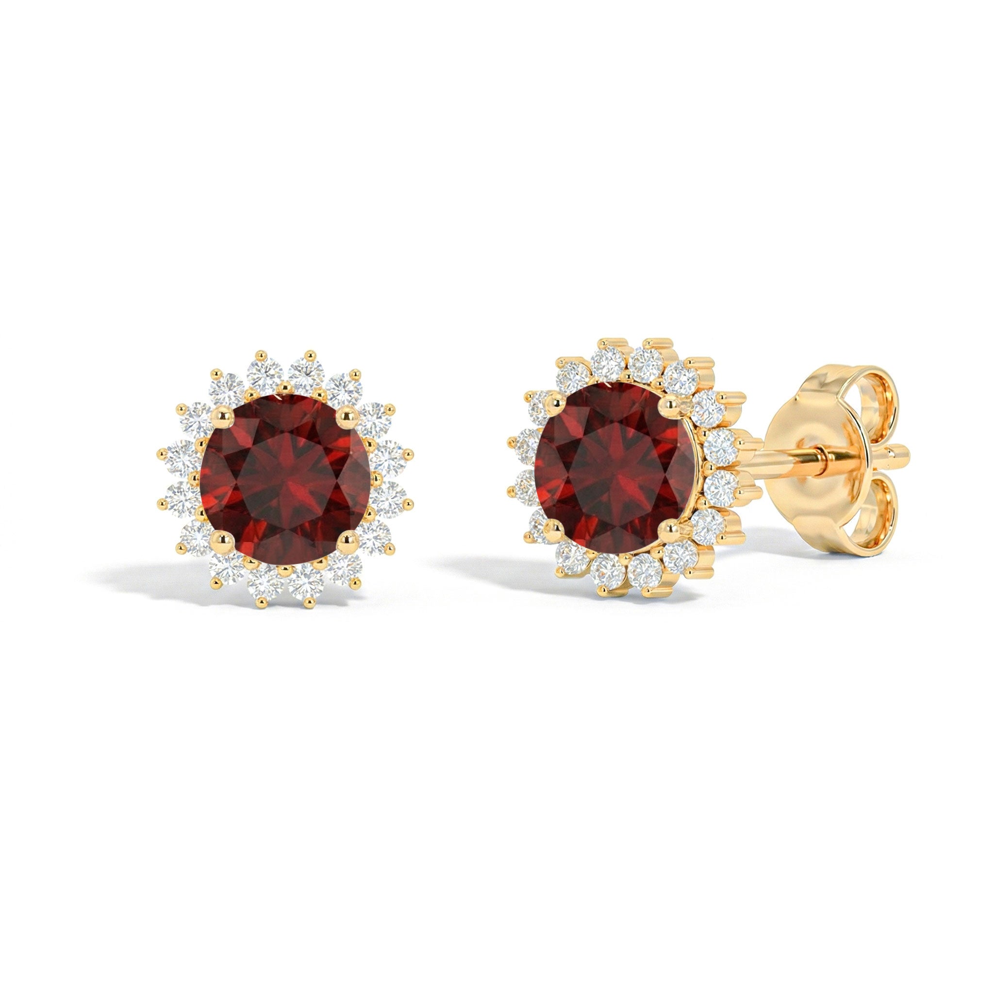 Garnet Round Halo Stud Earrings in Yellow Gold Plated 5 MM 1.3ct