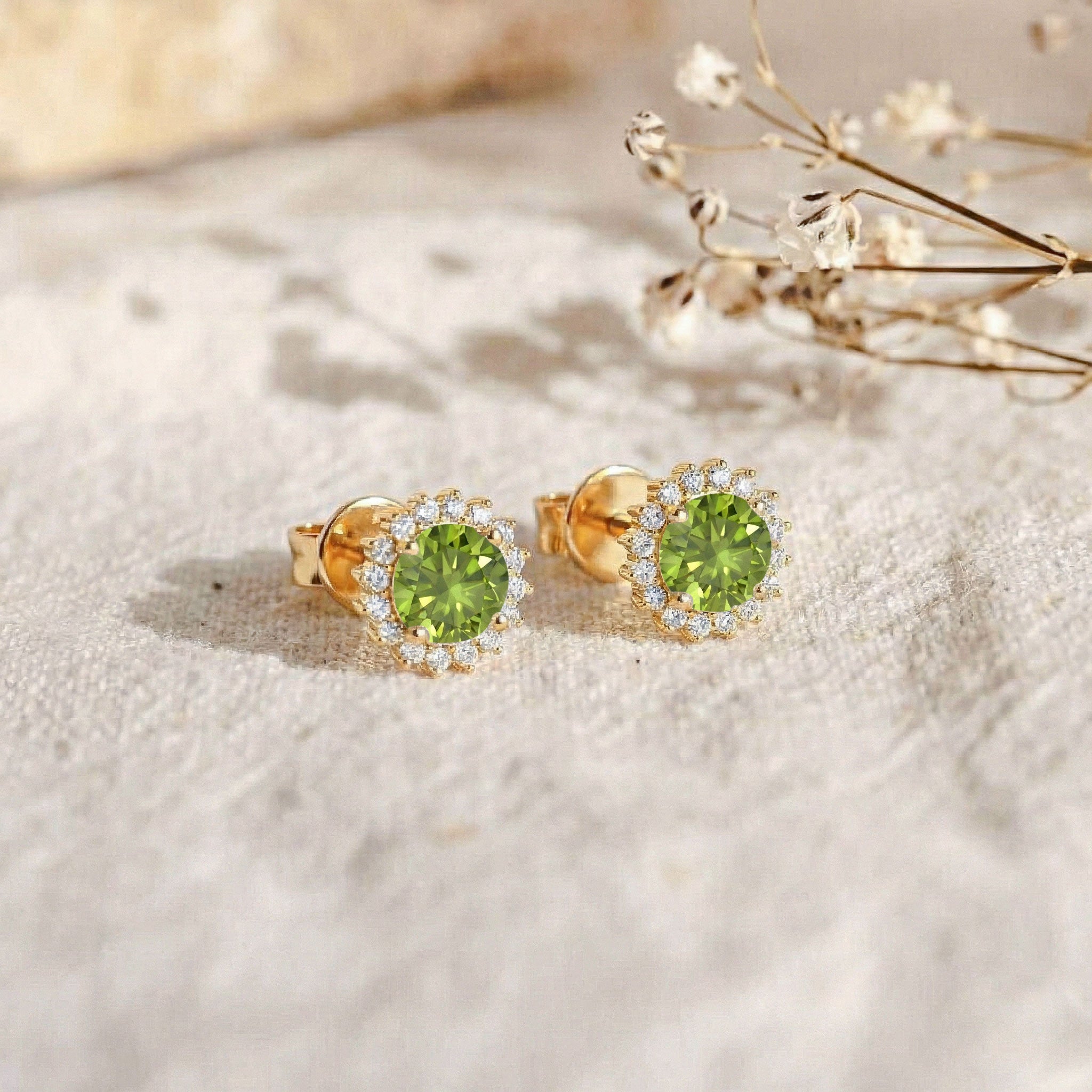 Peridot Round Halo Stud Earrings in 925 Sterling Silver 5 MM 1.3ct