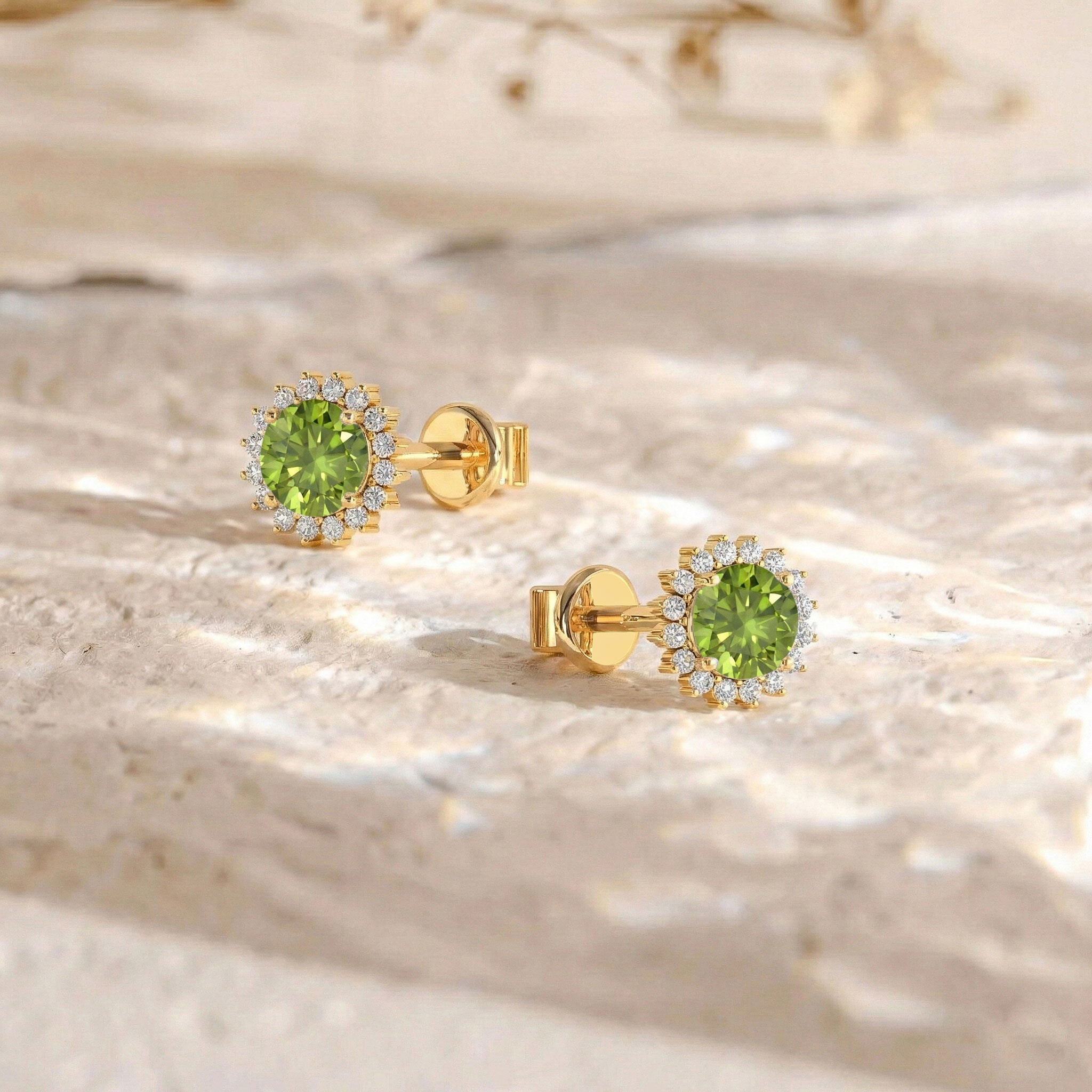 Peridot Round Halo Stud Earrings in 925 Sterling Silver 5 MM 1.3ct