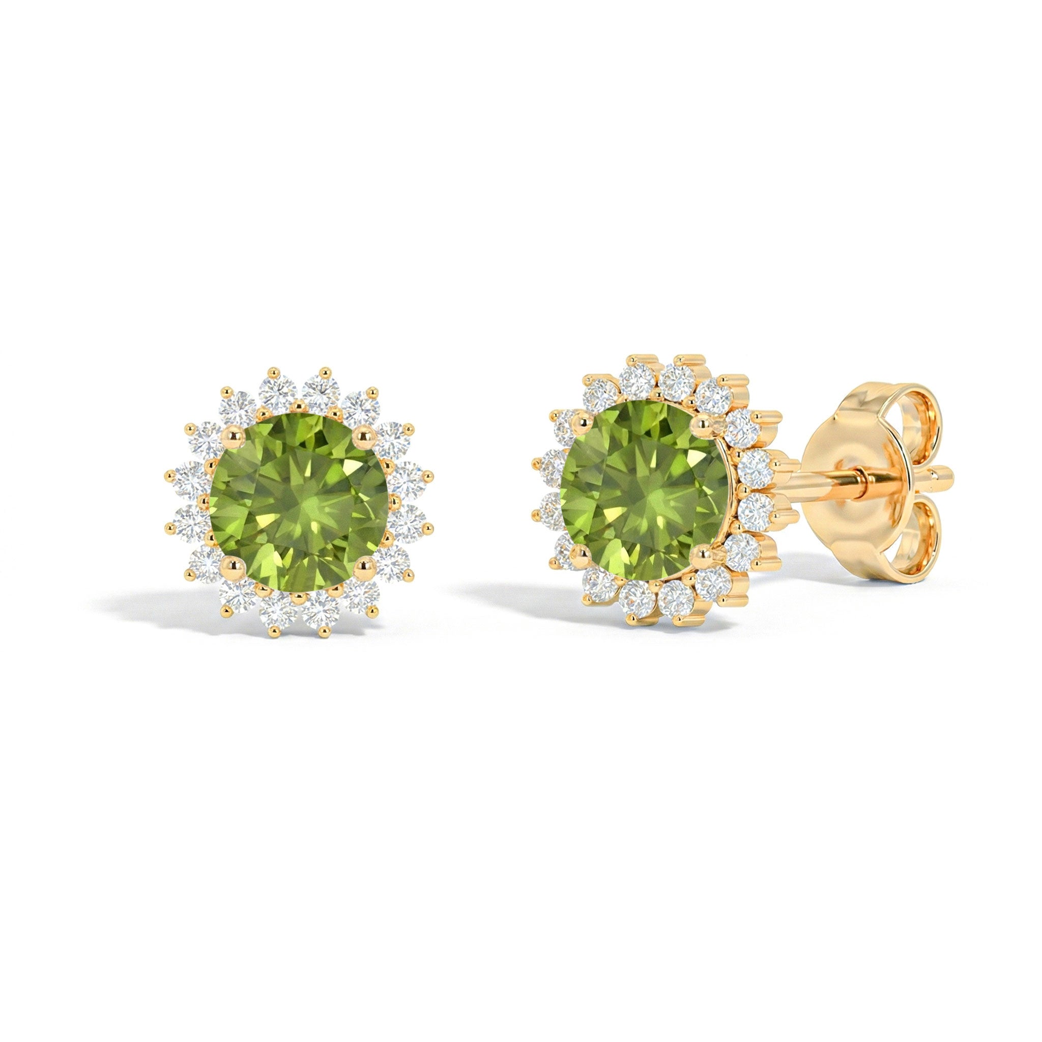 Peridot Round Halo Stud Earrings in Yellow Gold Plated 5 MM 1.3ct