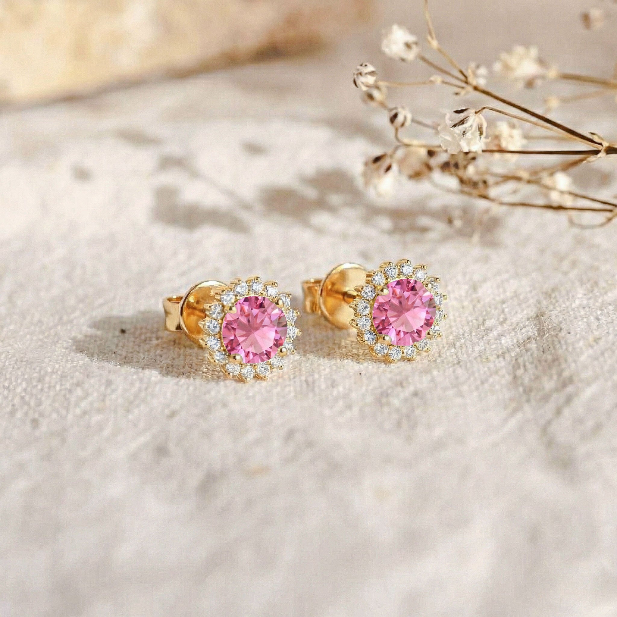 Pink Tourmaline Round Halo Stud Earrings in Yellow Gold Plated 5 MM 1.3ct