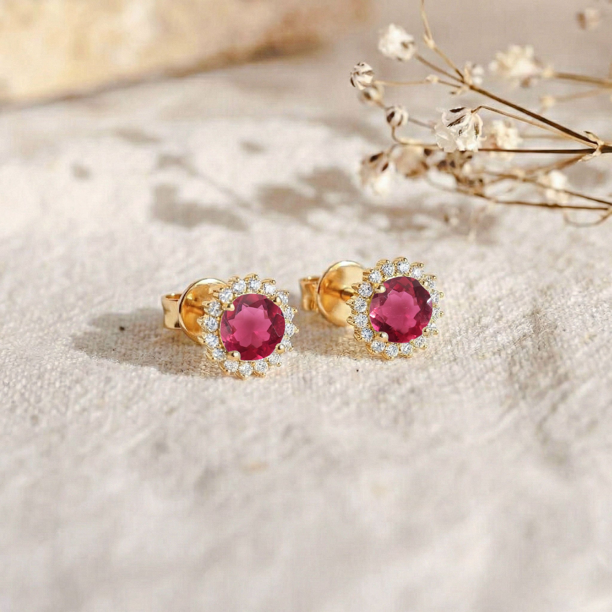 Pink Tourmaline Round Halo Stud Earrings in 925 Sterling Silver 5 MM 1.3ct
