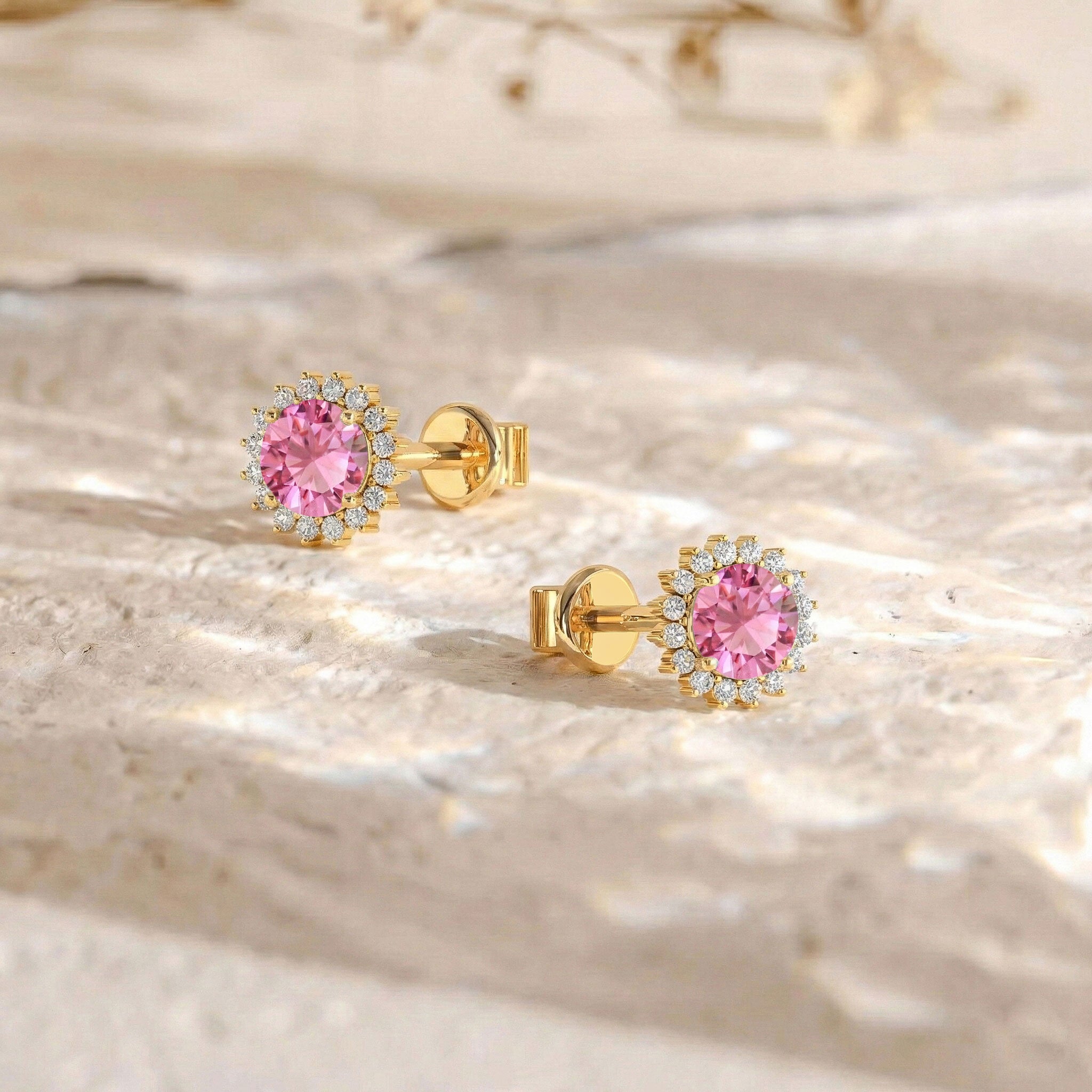 Pink Tourmaline Round Halo Stud Earrings in 925 Sterling Silver 5 MM 1.3ct