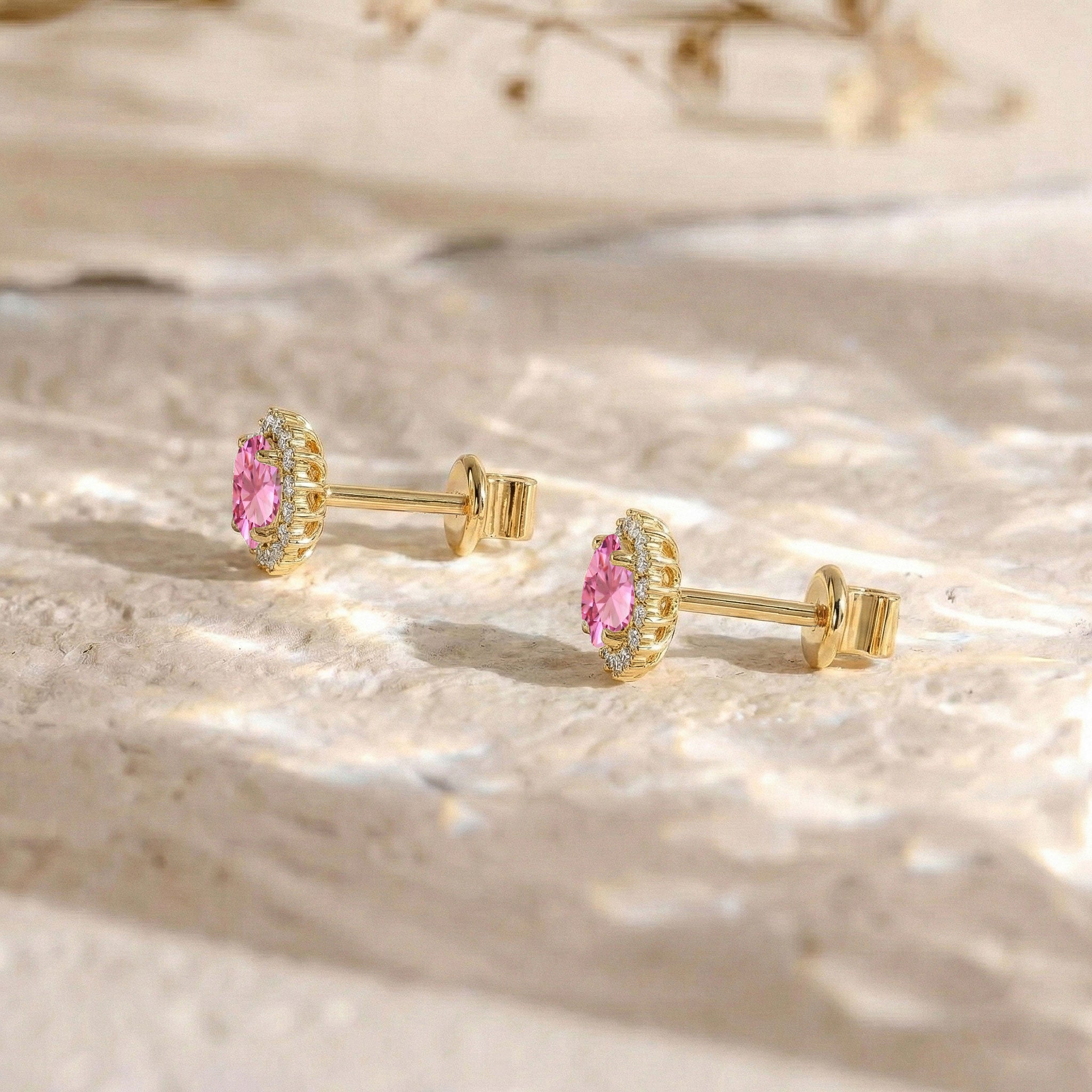 Pink Tourmaline Round Halo Stud Earrings in Yellow Gold Plated 5 MM 1.3ct