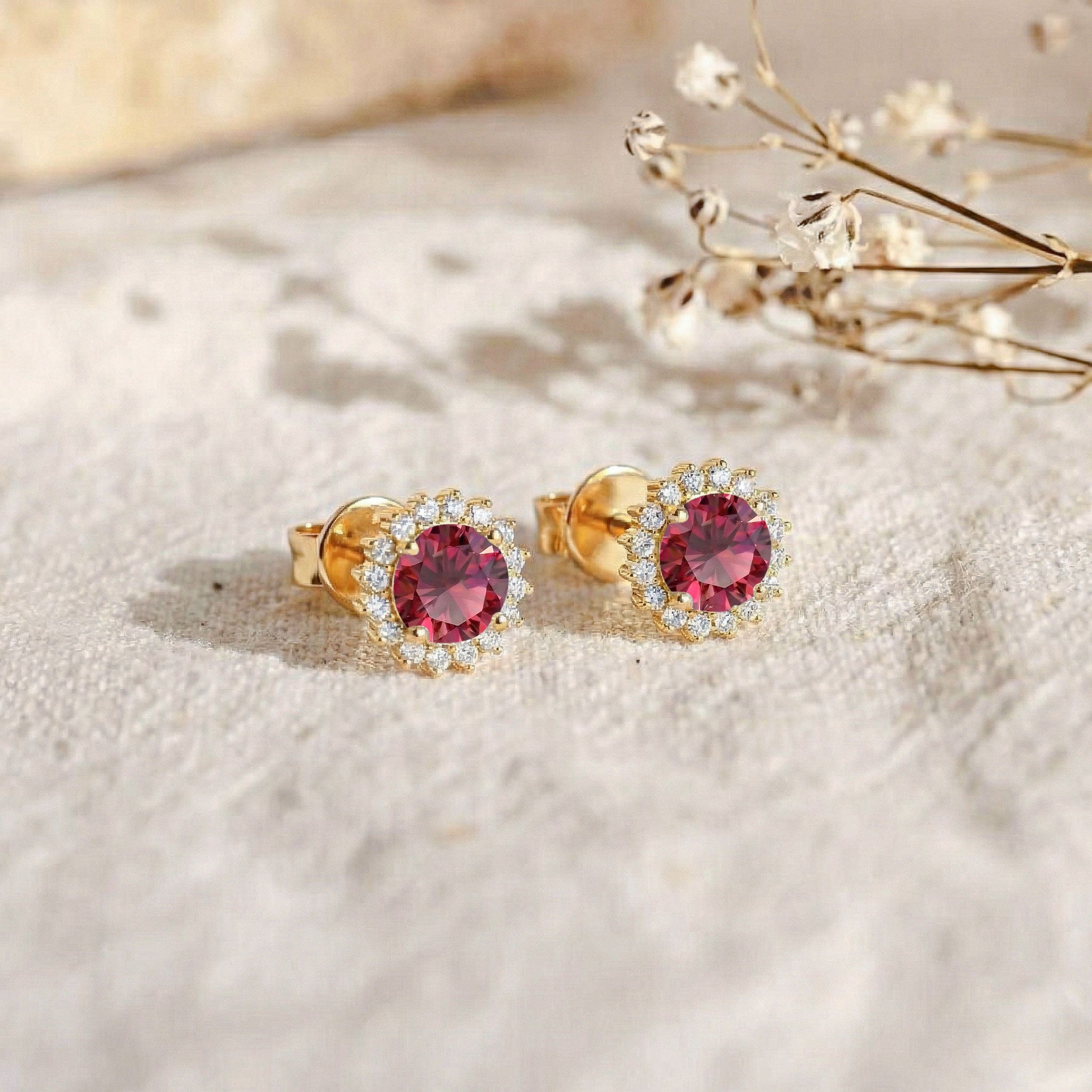 Ruby Round Halo Stud Earrings in Yellow Gold Plated 5 MM 1.3ct