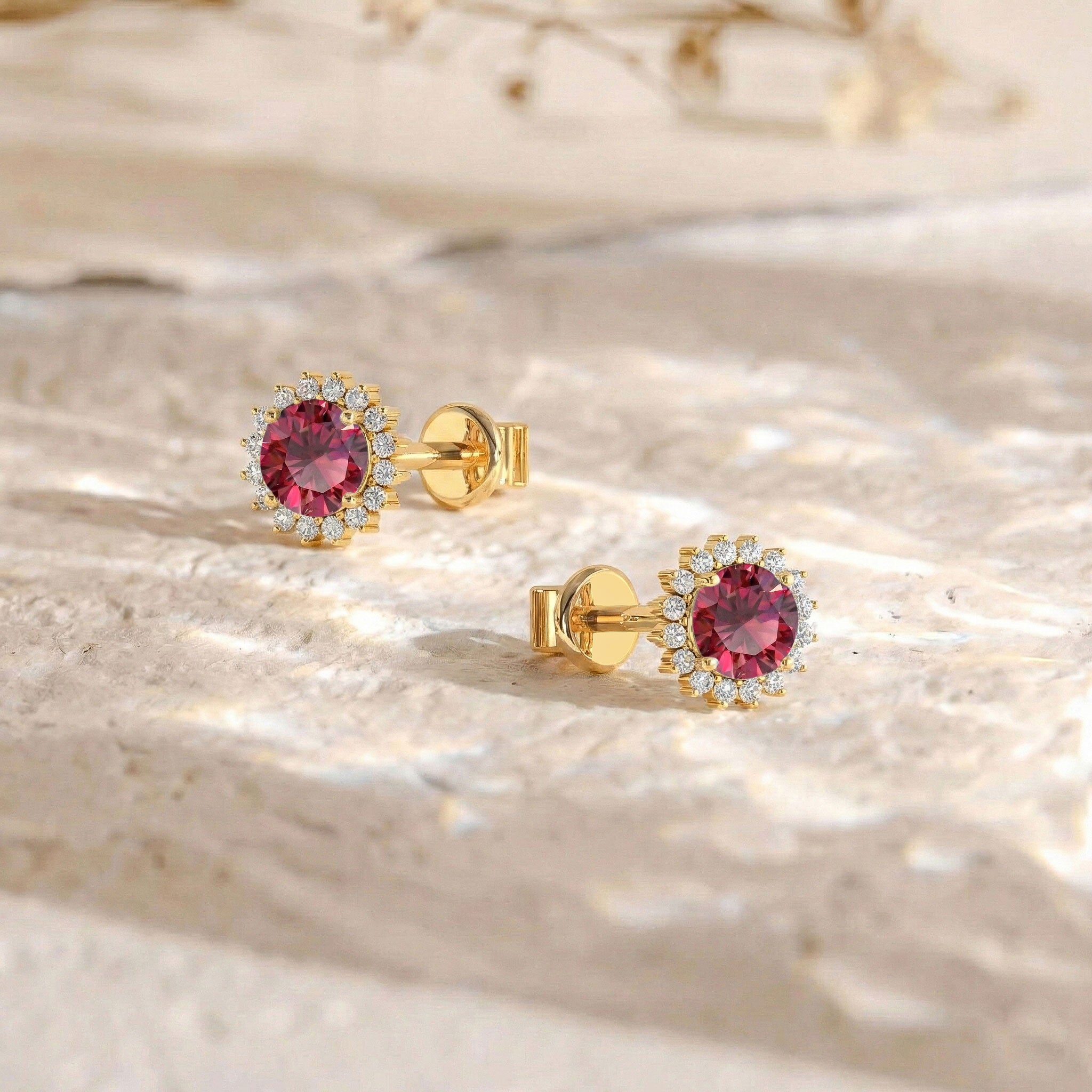 Ruby Round Halo Stud Earrings in Yellow Gold Plated 5 MM 1.3ct