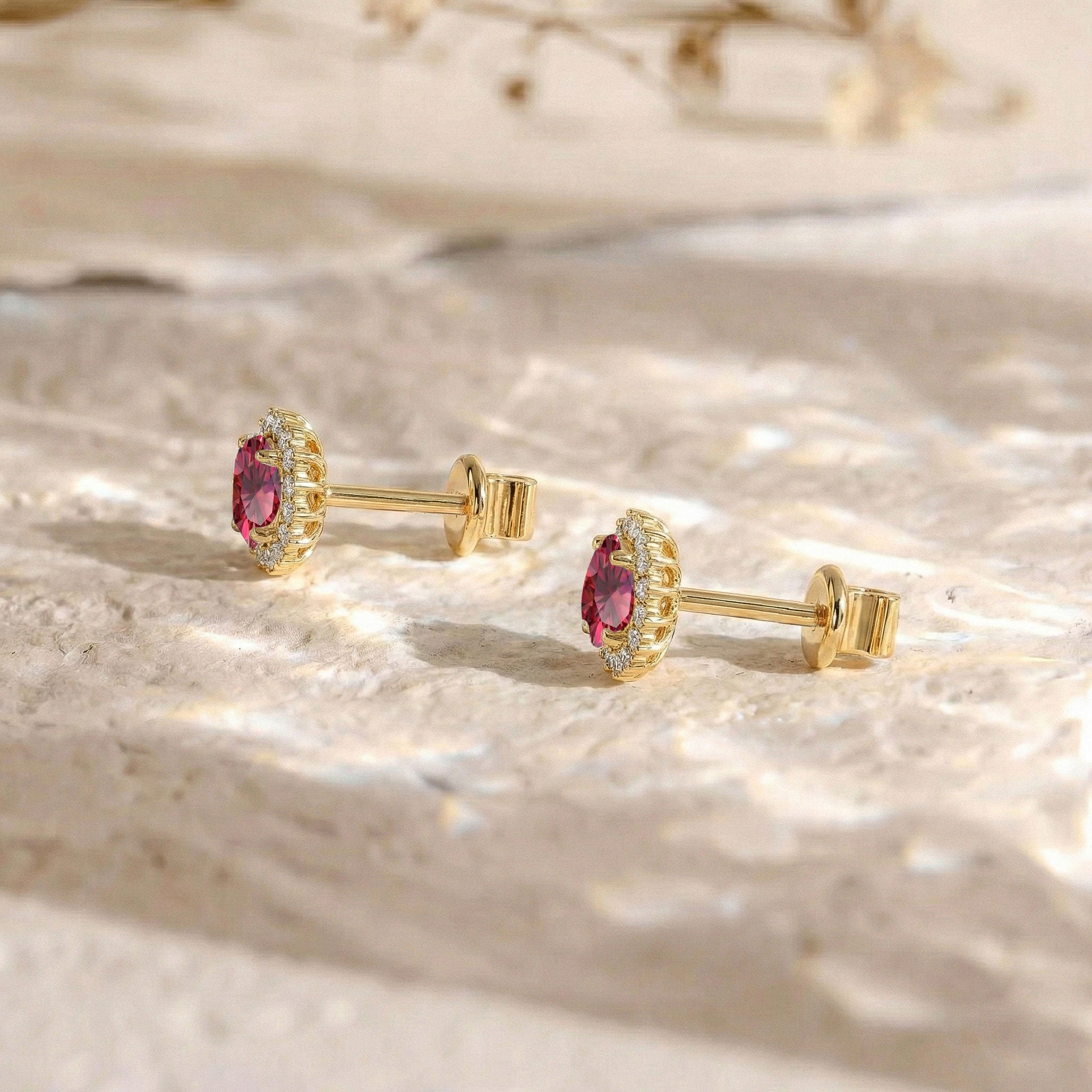Ruby Round Halo Stud Earrings in Yellow Gold Plated 5 MM 1.3ct