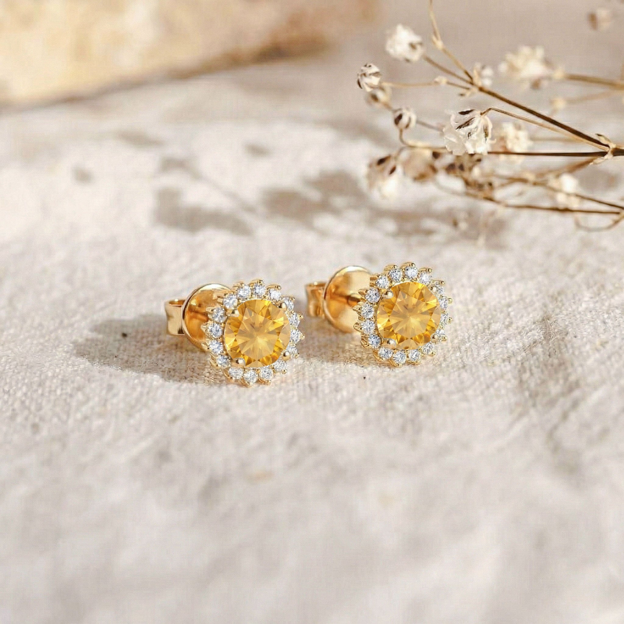 Citrine Round Halo Stud Earrings in Yellow Gold Plated 5 MM 1.3ct