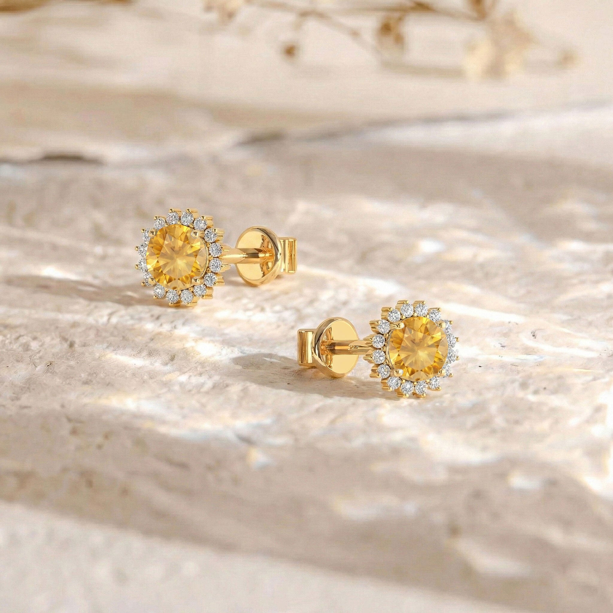Citrine Round Halo Stud Earrings in Yellow Gold Plated 5 MM 1.3ct