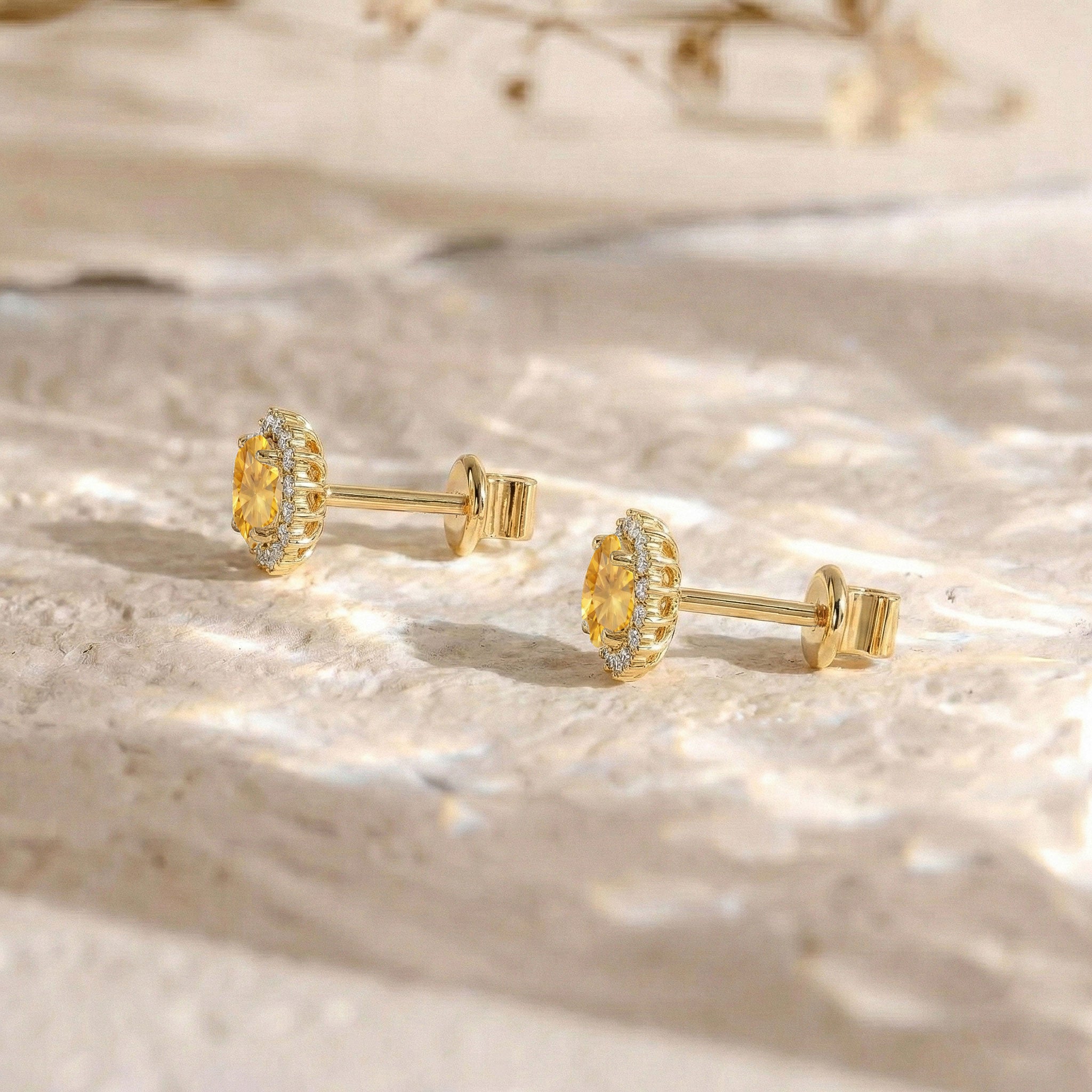 Citrine Round Halo Stud Earrings in Yellow Gold Plated 5 MM 1.3ct