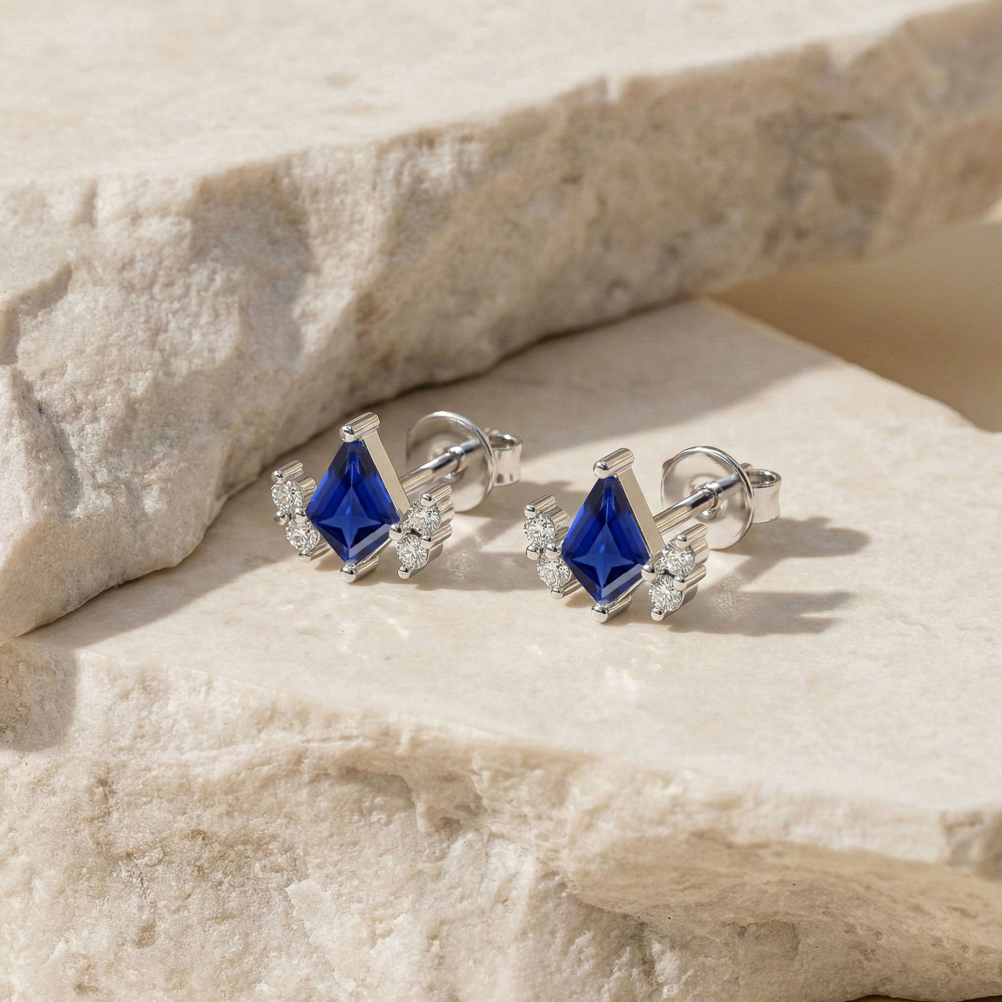 Blue Sapphire Kite Stud Earrings in 925 Sterling Silver 6x4 MM 1ct