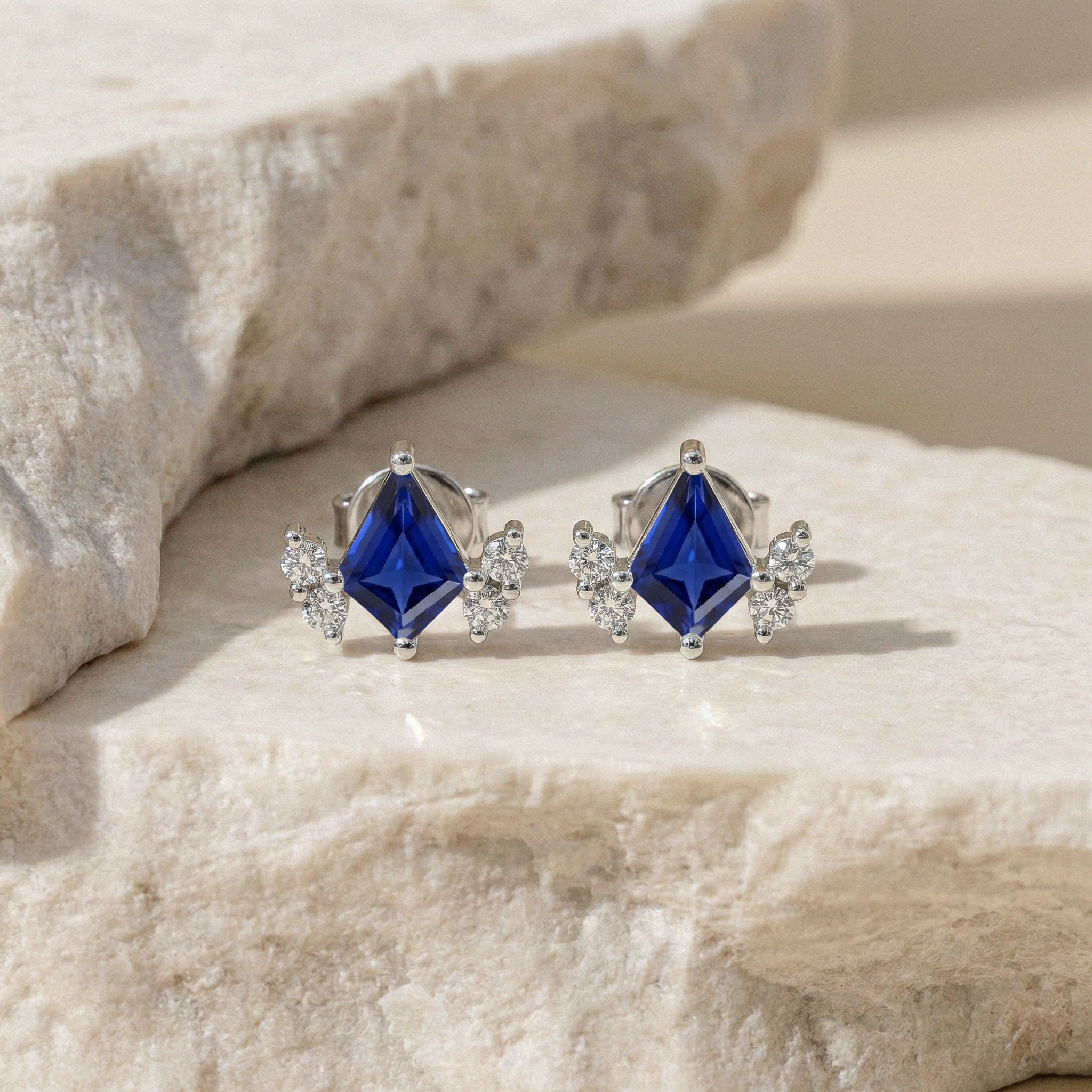 Blue Sapphire Kite Stud Earrings in 925 Sterling Silver 6x4 MM 1ct