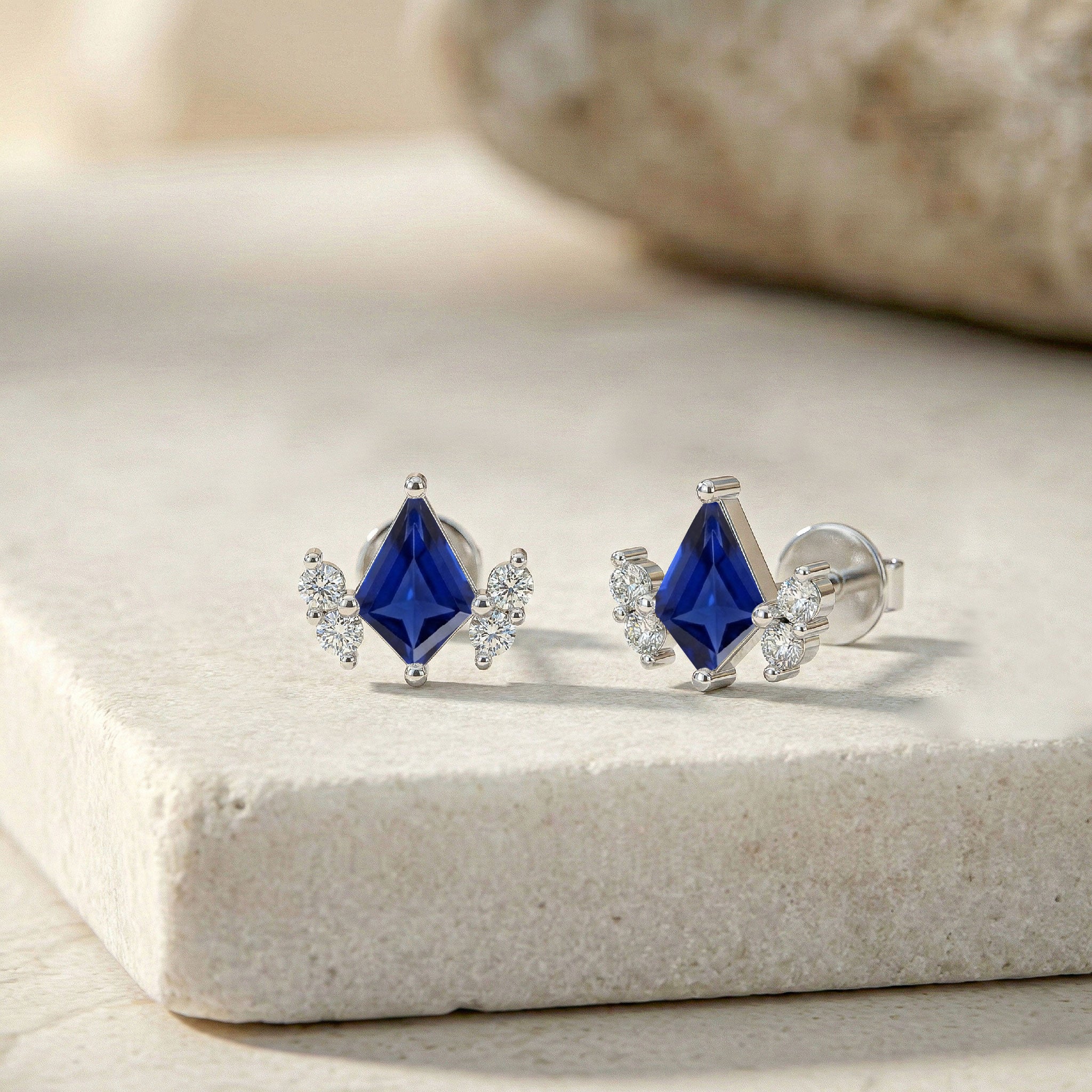 Blue Sapphire Kite Stud Earrings in 925 Sterling Silver 6x4 MM 1ct