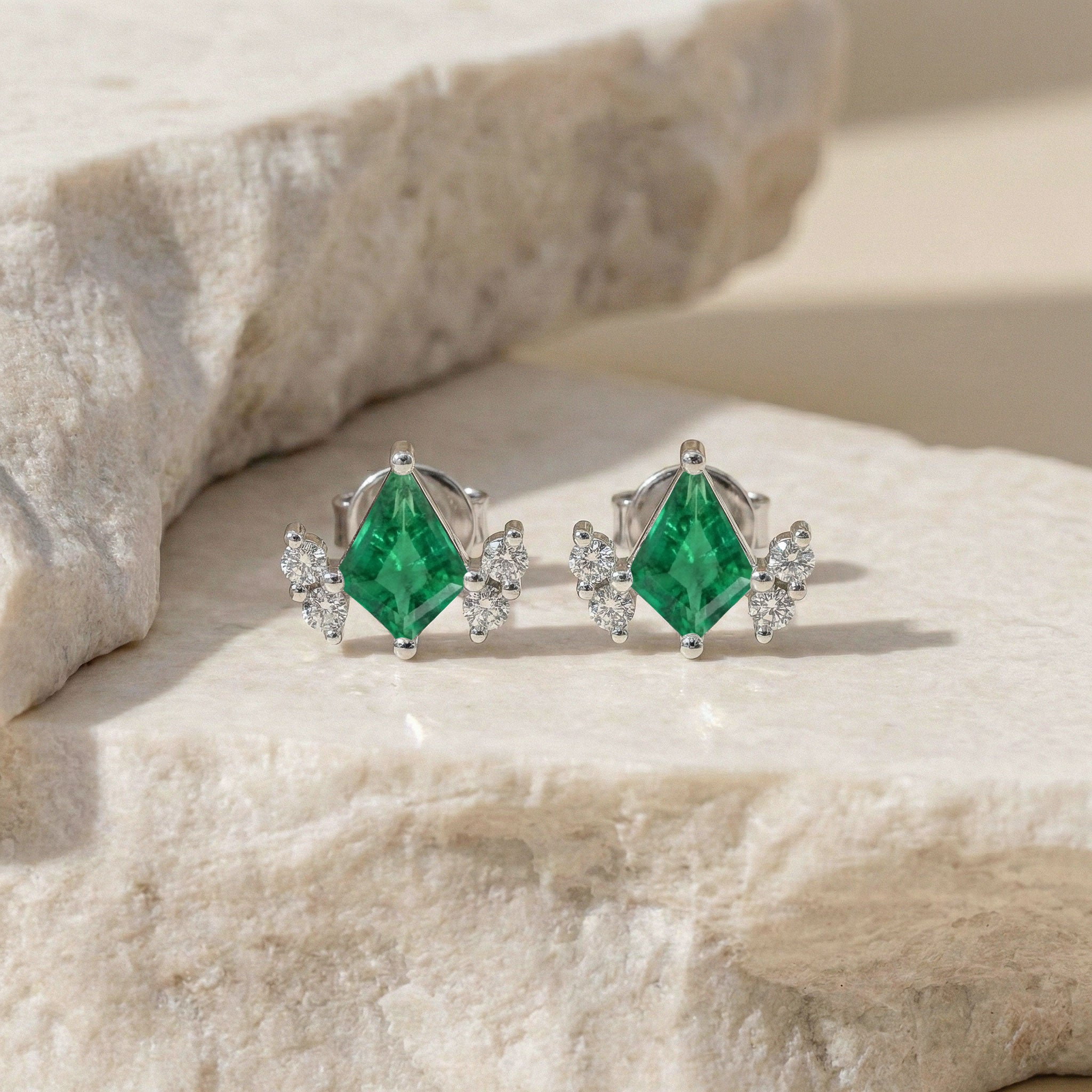Emerald Kite Stud Earrings in 925 Sterling Silver 6x4 MM 1ct