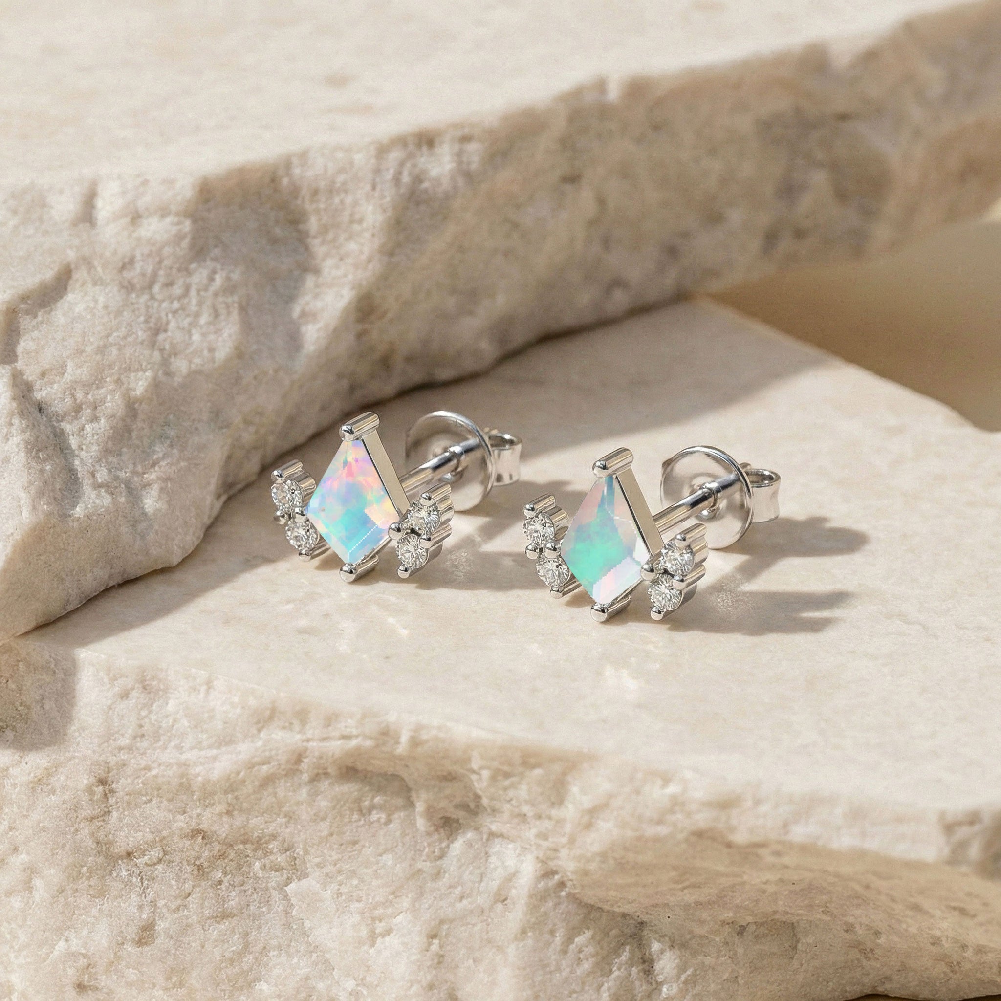 White Opal Kite Stud Earrings in 925 Sterling Silver 6x4 MM 1ct