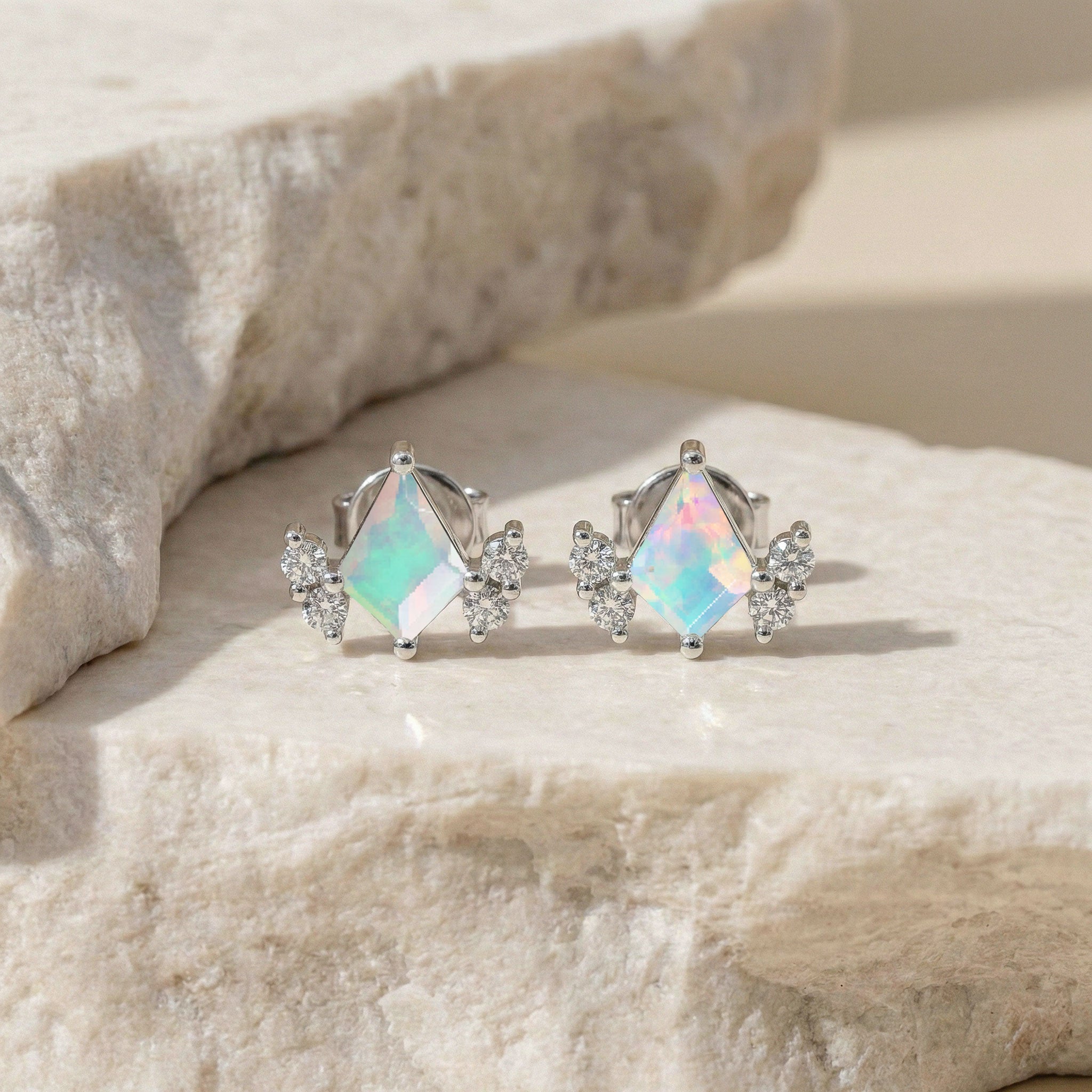 White Opal Kite Stud Earrings in 925 Sterling Silver 6x4 MM 1ct