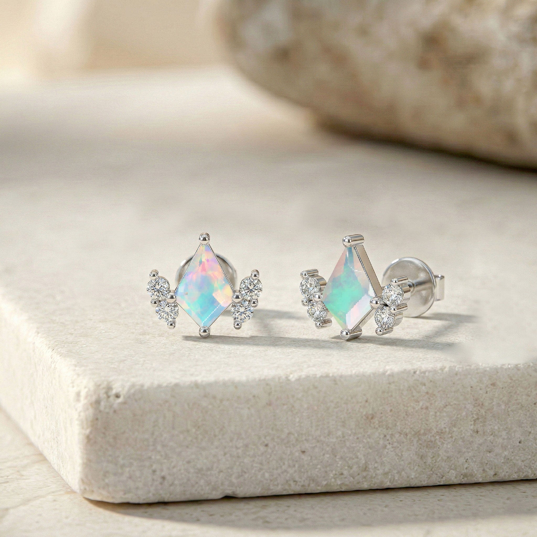 White Opal Kite Stud Earrings in 925 Sterling Silver 6x4 MM 1ct