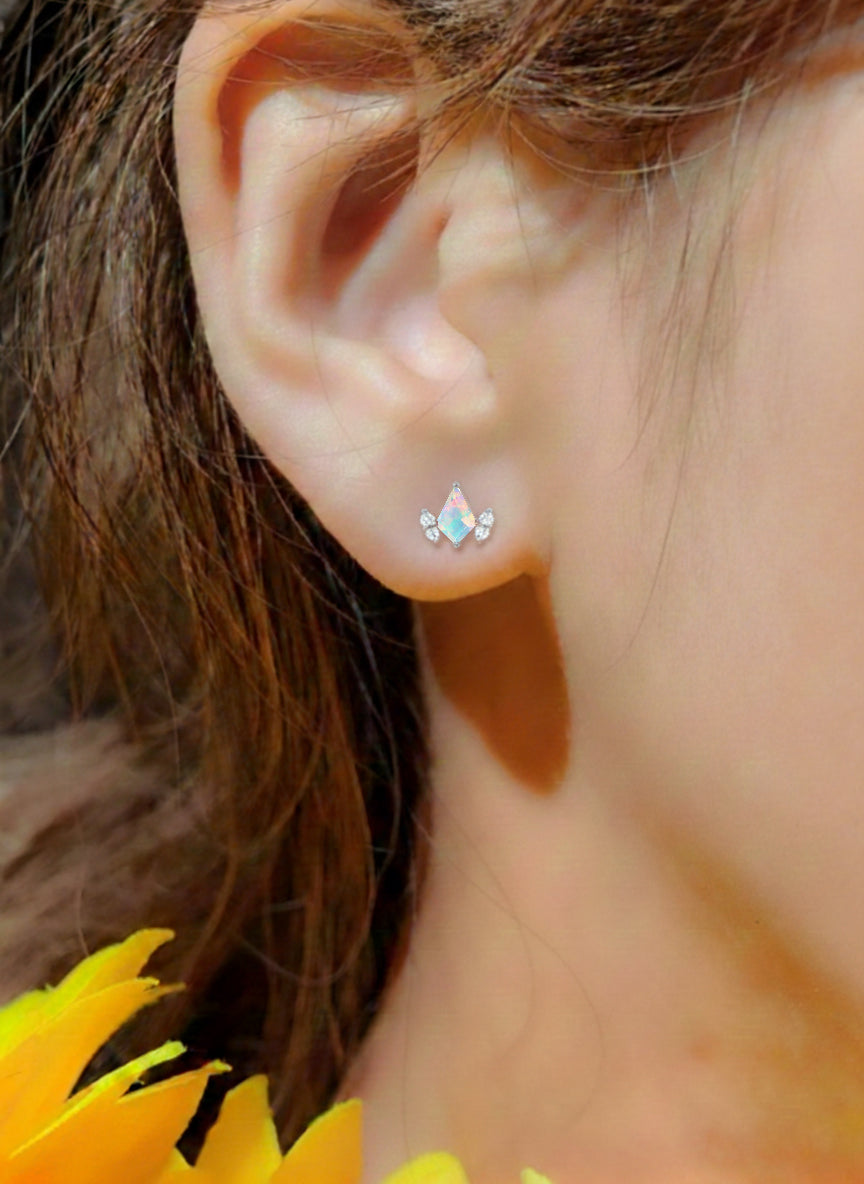 White Opal Kite Stud Earrings in 925 Sterling Silver 6x4 MM 1ct