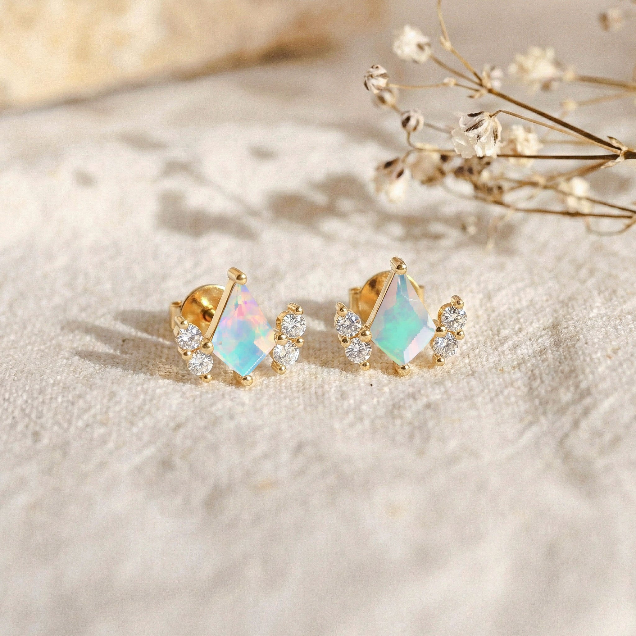 White Opal Kite Stud Earrings in 925 Sterling Silver 6x4 MM 1ct