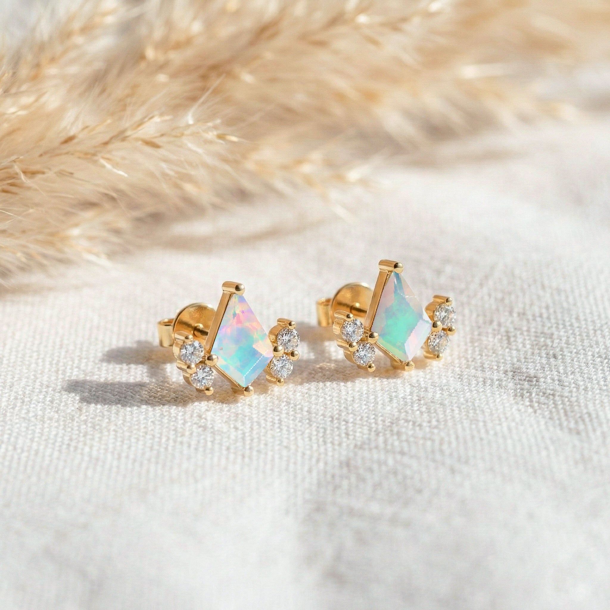 White Opal Kite Stud Earrings in 925 Sterling Silver 6x4 MM 1ct