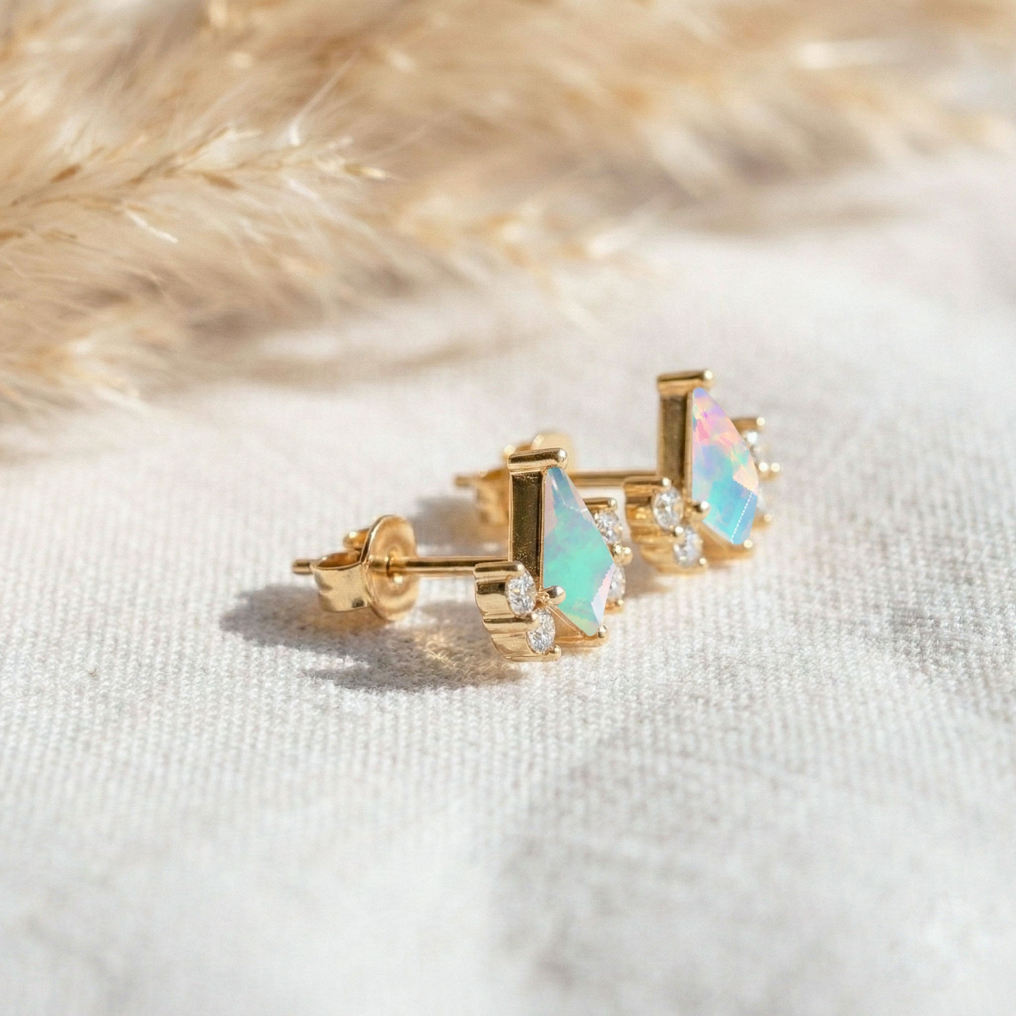 White Opal Kite Stud Earrings in 925 Sterling Silver 6x4 MM 1ct