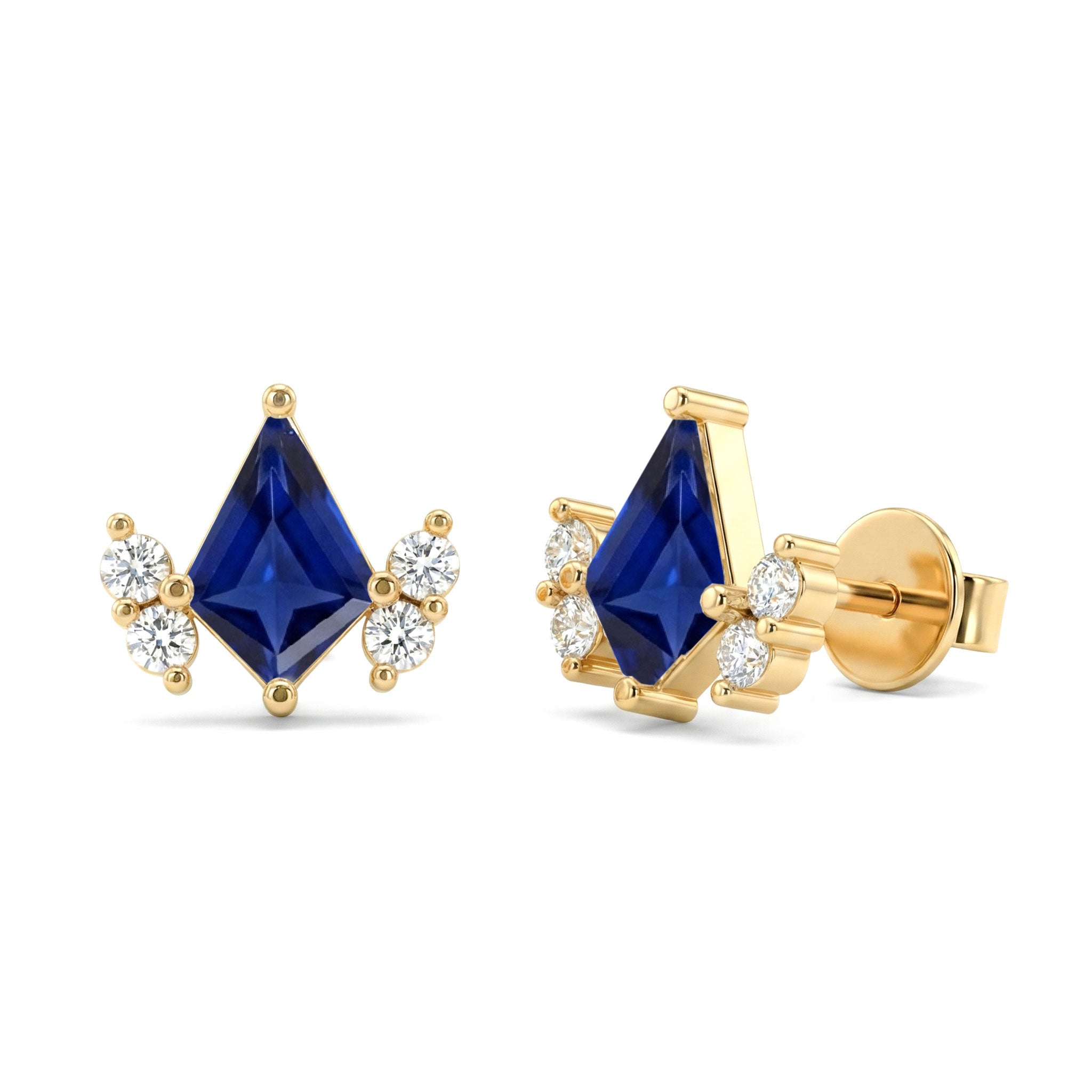 Blue Sapphire Kite Stud Earrings in Yellow Gold Plated 6x4 MM 1ct