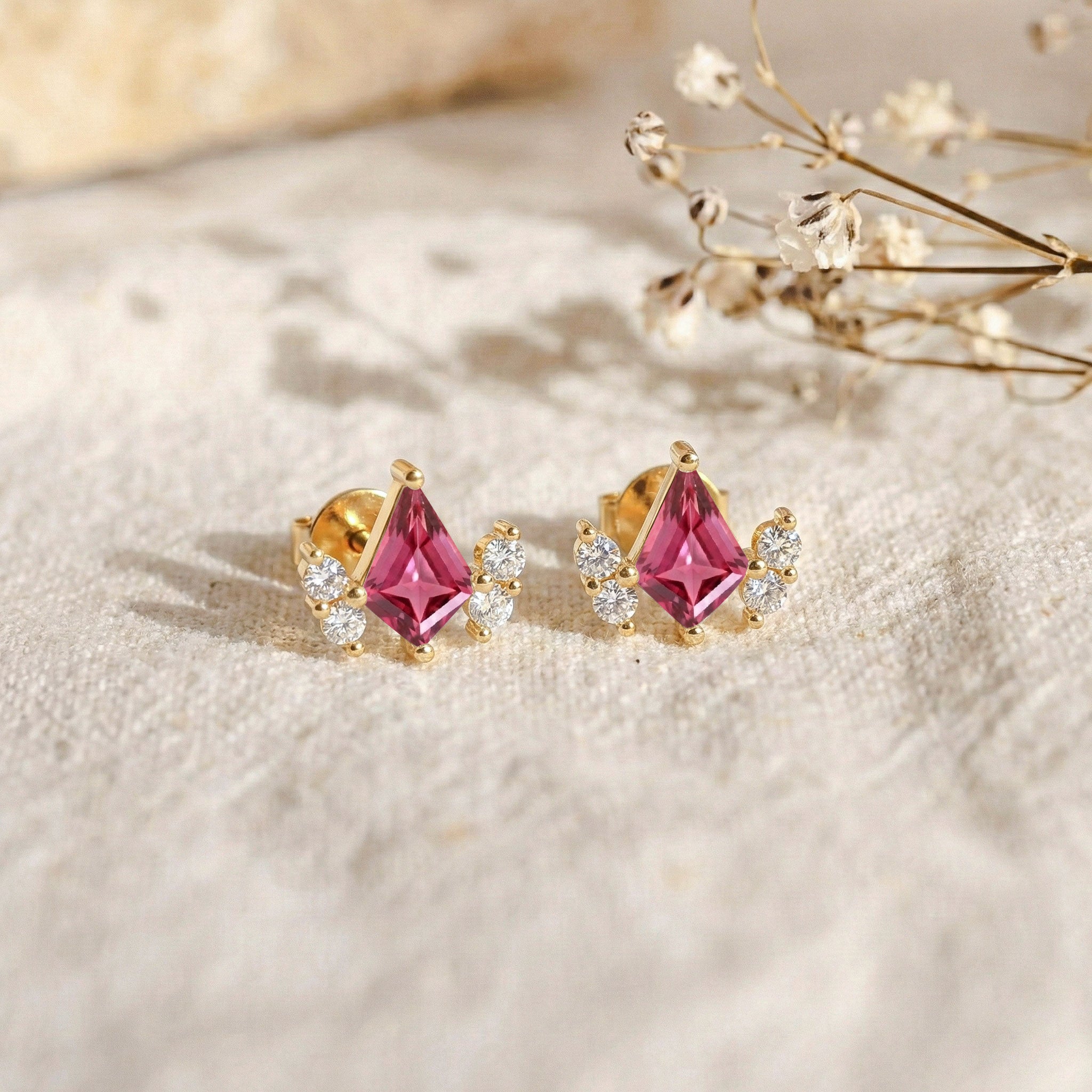Pink Tourmaline Kite Stud Earrings in Yellow Gold Plated 6x4 MM 1ct