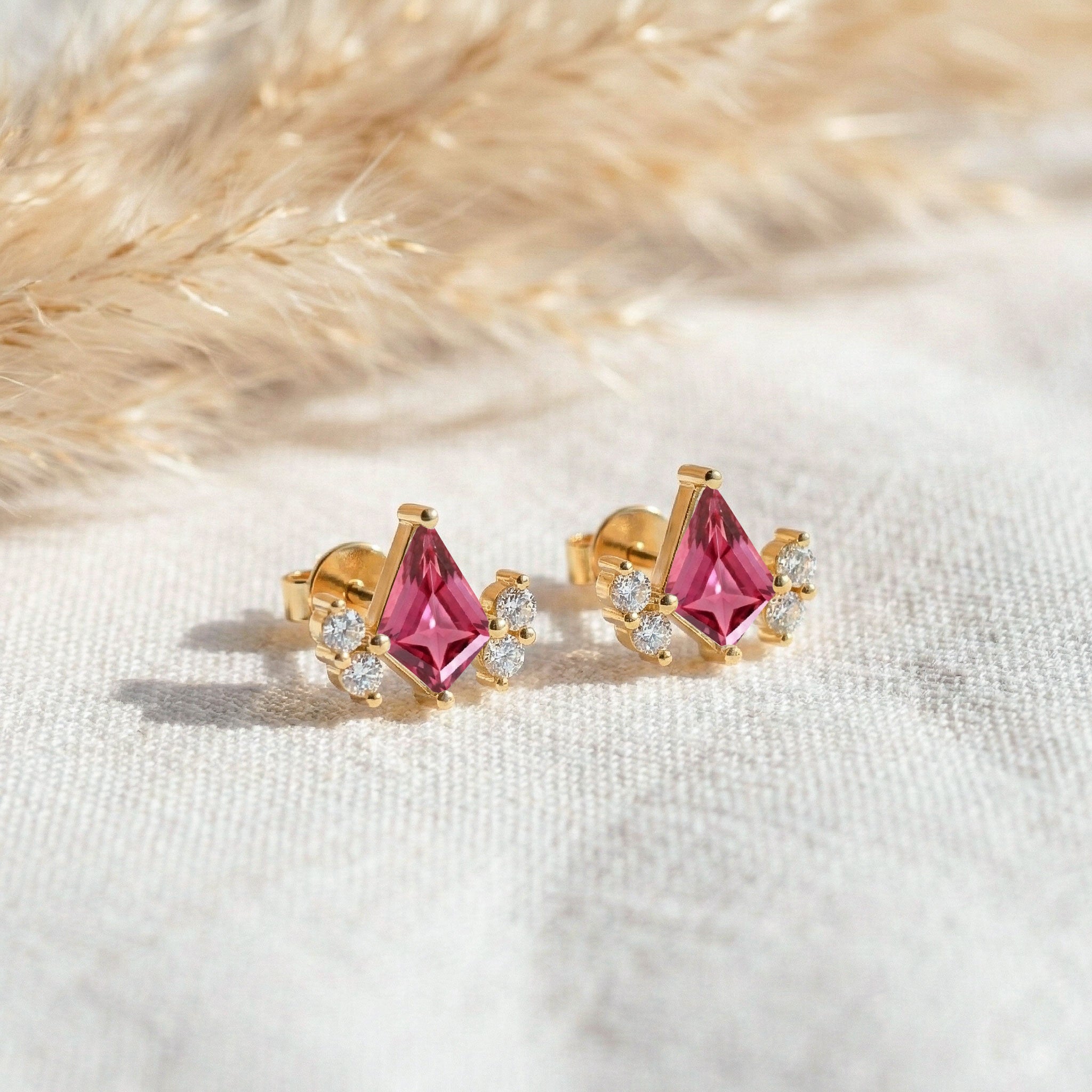 Pink Tourmaline Kite Stud Earrings in Yellow Gold Plated 6x4 MM 1ct