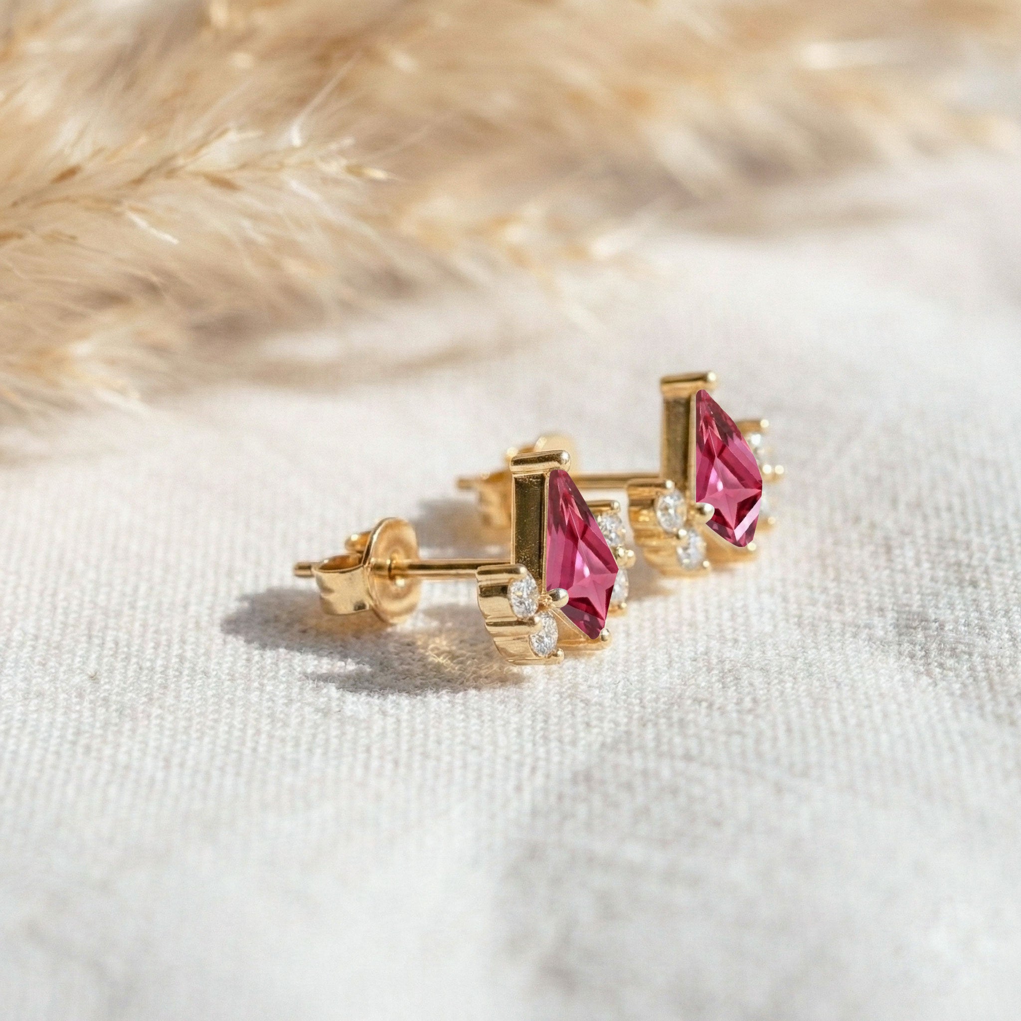 Pink Tourmaline Kite Stud Earrings in Yellow Gold Plated 6x4 MM 1ct