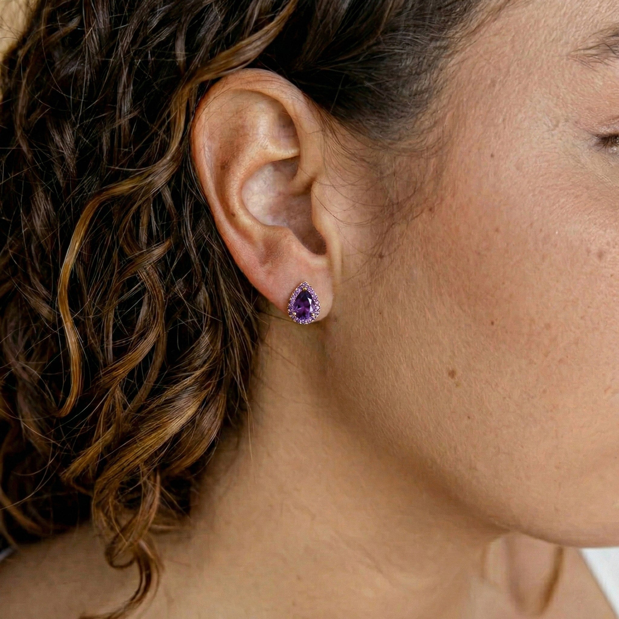 amethyst halo style gemstone studs, delicate amethyst earrings with secure backing, luxury inspired amethyst gemstone jewelry
amethyst earrings for bridal jewelry looks, amethyst pear studs with feminine design, ~