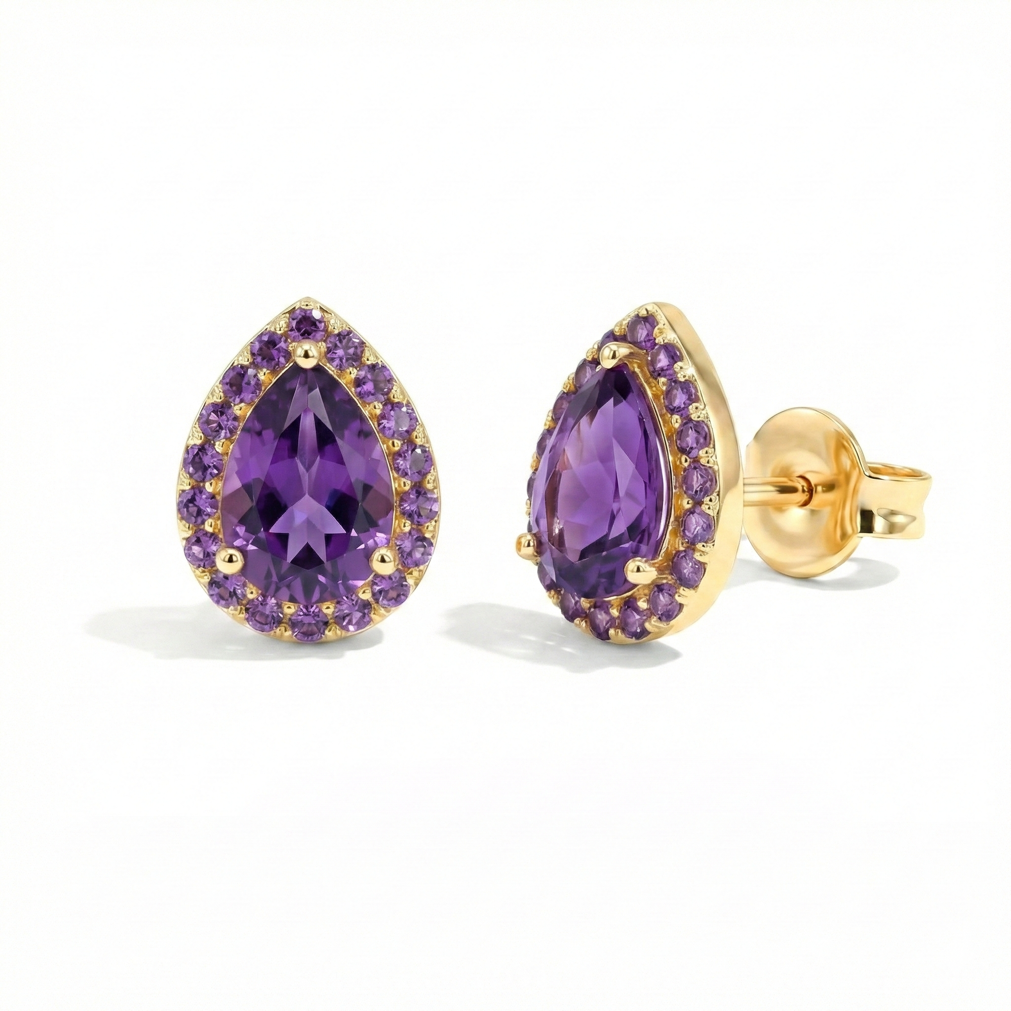 handmade amethyst gemstone jewelry gift, amethyst pear earrings for everyday wear
front view of amethyst gemstone stud earrings, side view of amethyst pear earrings, amethyst earrings with polished fine jewelry look, 