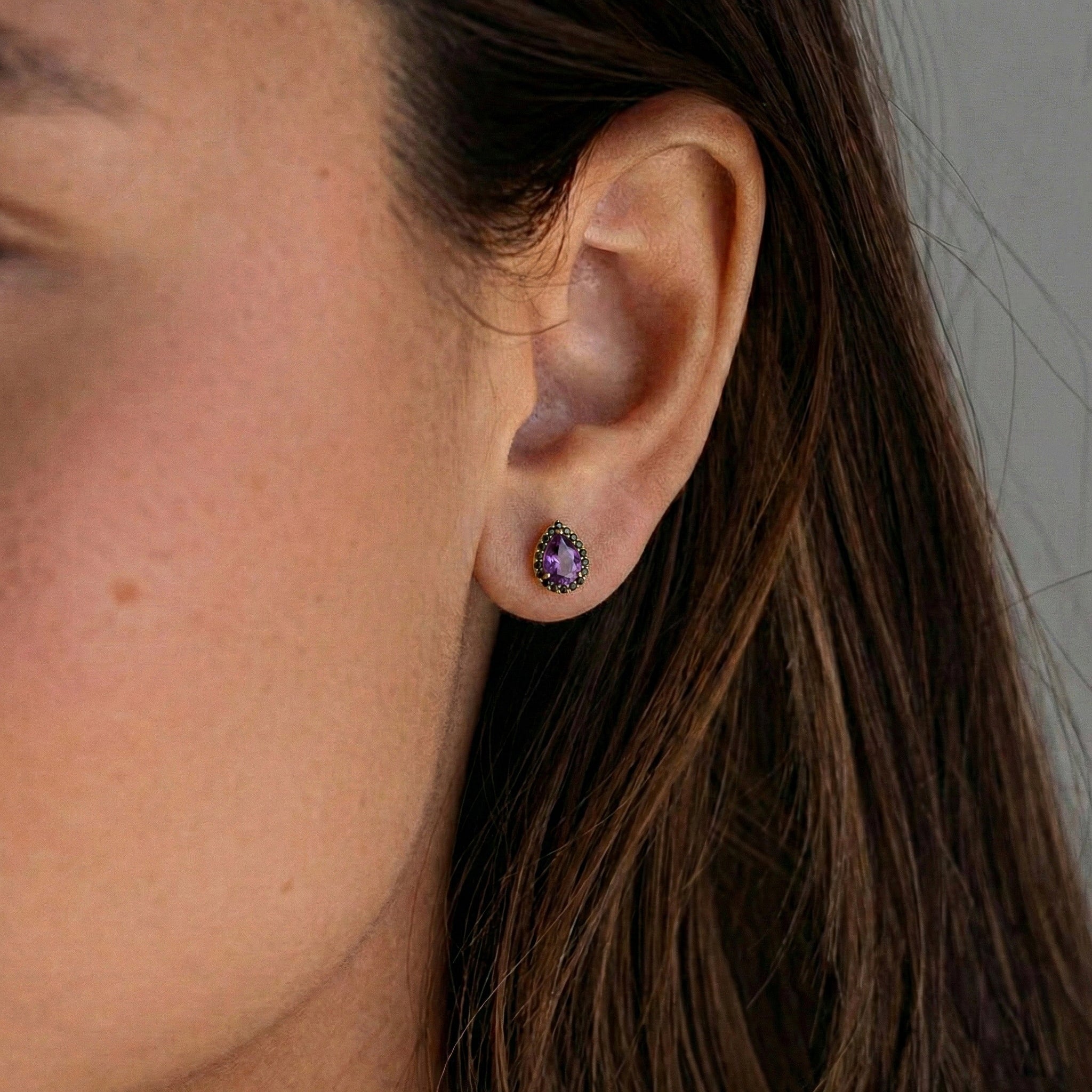 Amethyst & Onyx Earrings for Women, Pear Cut Gemstone Studs, Elegant February Birthstone Jewelry Gift
