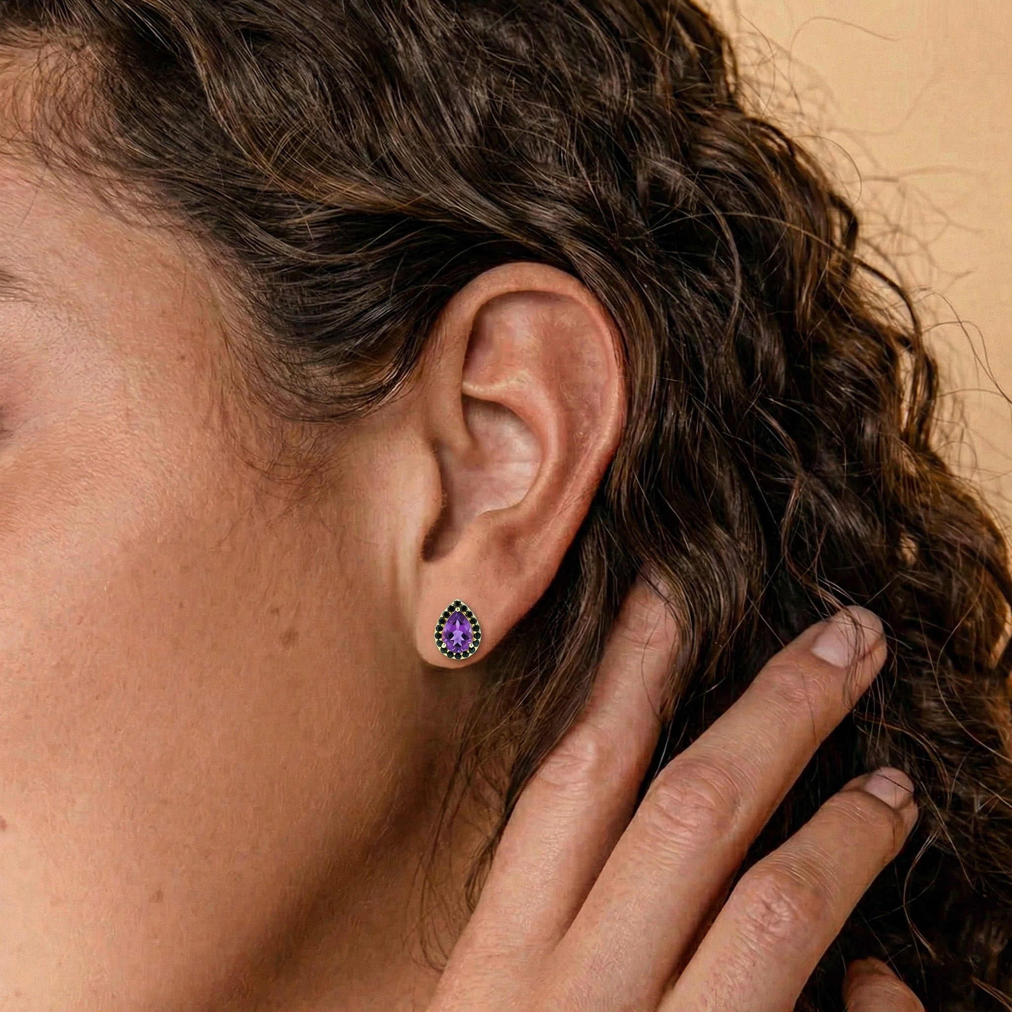 Amethyst & Onyx Earrings for Women, Pear Cut Gemstone Studs, Elegant February Birthstone Jewelry Gift