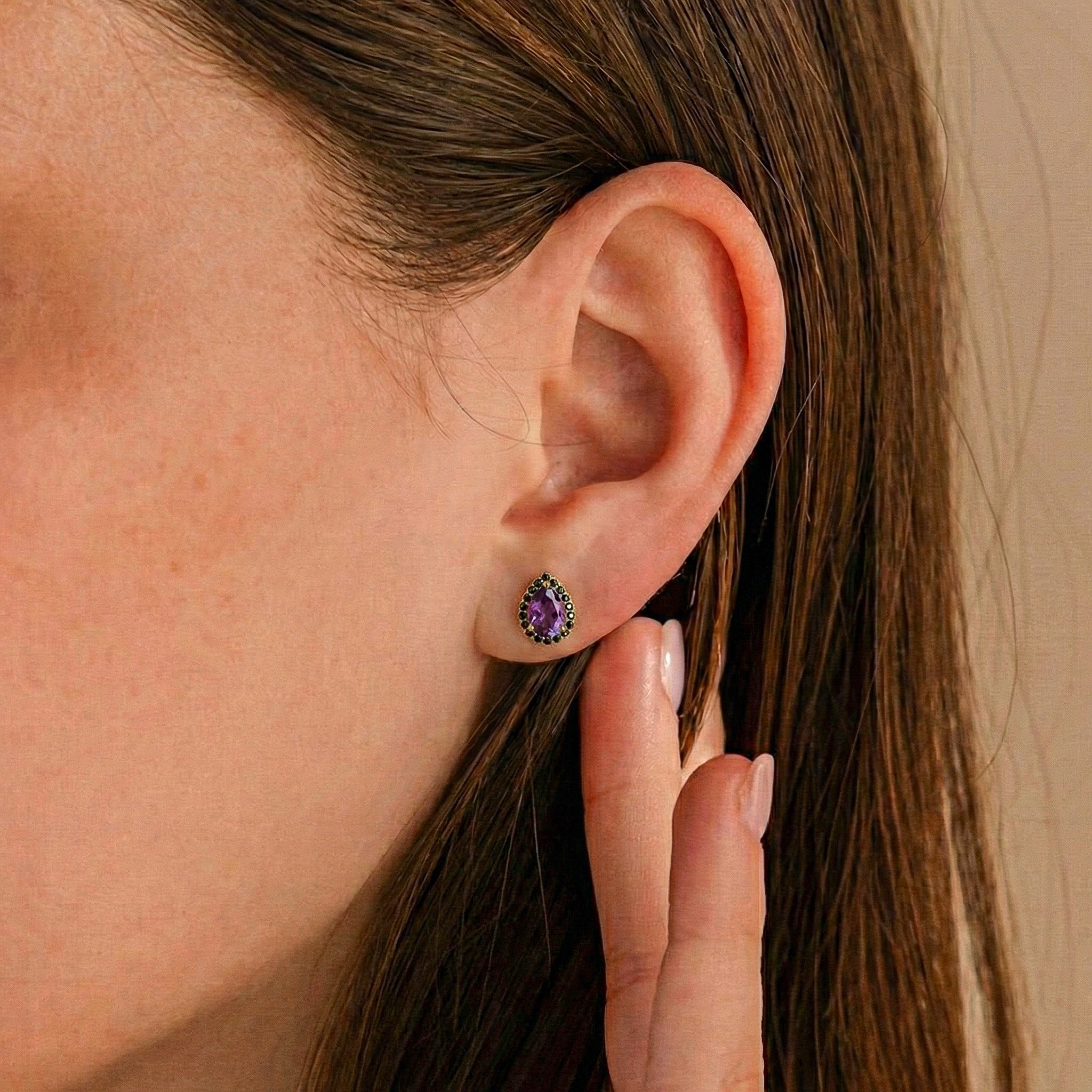 Amethyst & Onyx Earrings for Women, Pear Cut Gemstone Studs, Elegant February Birthstone Jewelry Gift