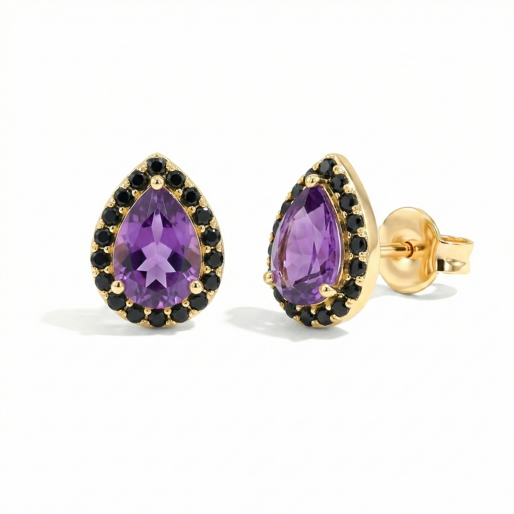 Amethyst & Onyx Earrings for Women, Pear Cut Gemstone Studs, Elegant February Birthstone Jewelry Gift